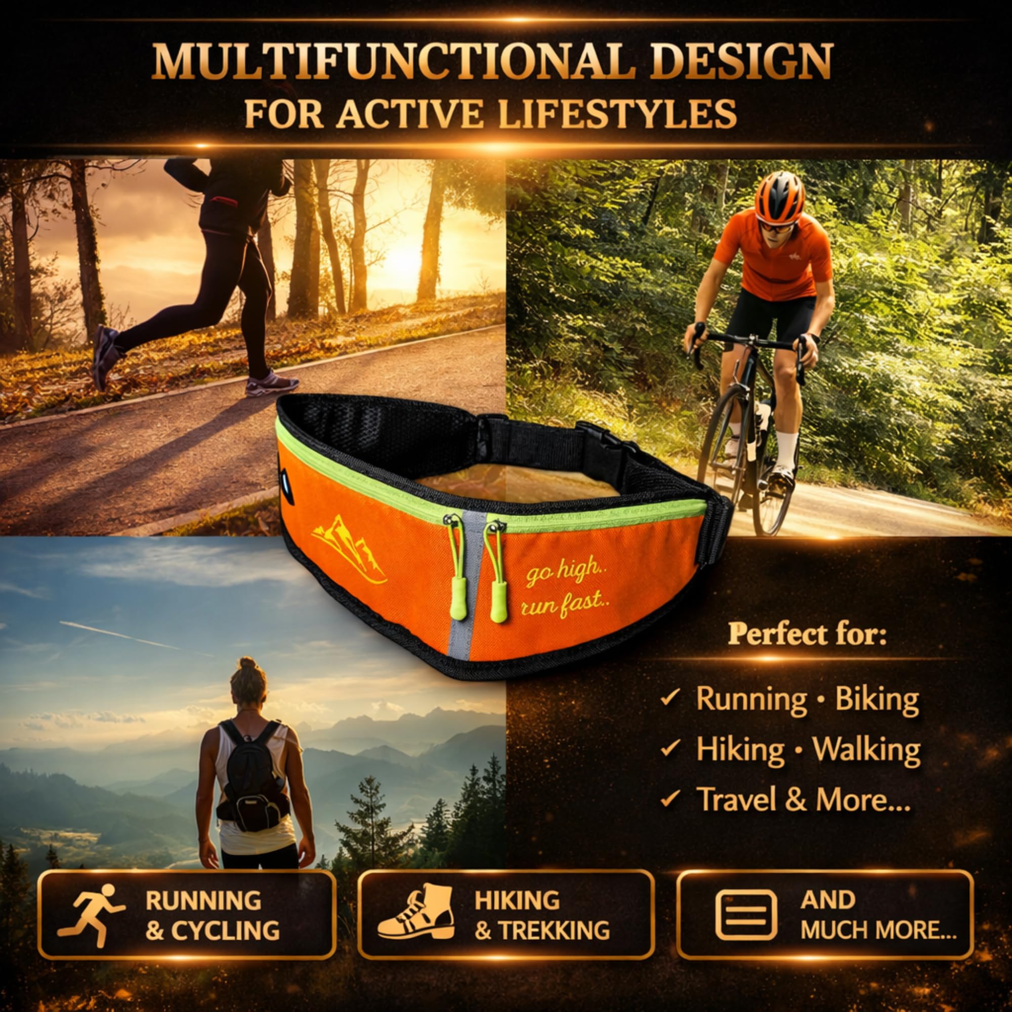 Marsupio Running Donna - Uomo - Cintura da Corsa Porta Cellulare - Marsupio Sportivo con Strisce Riflettenti e Foro per Cuffie - Running belt (Arancia)