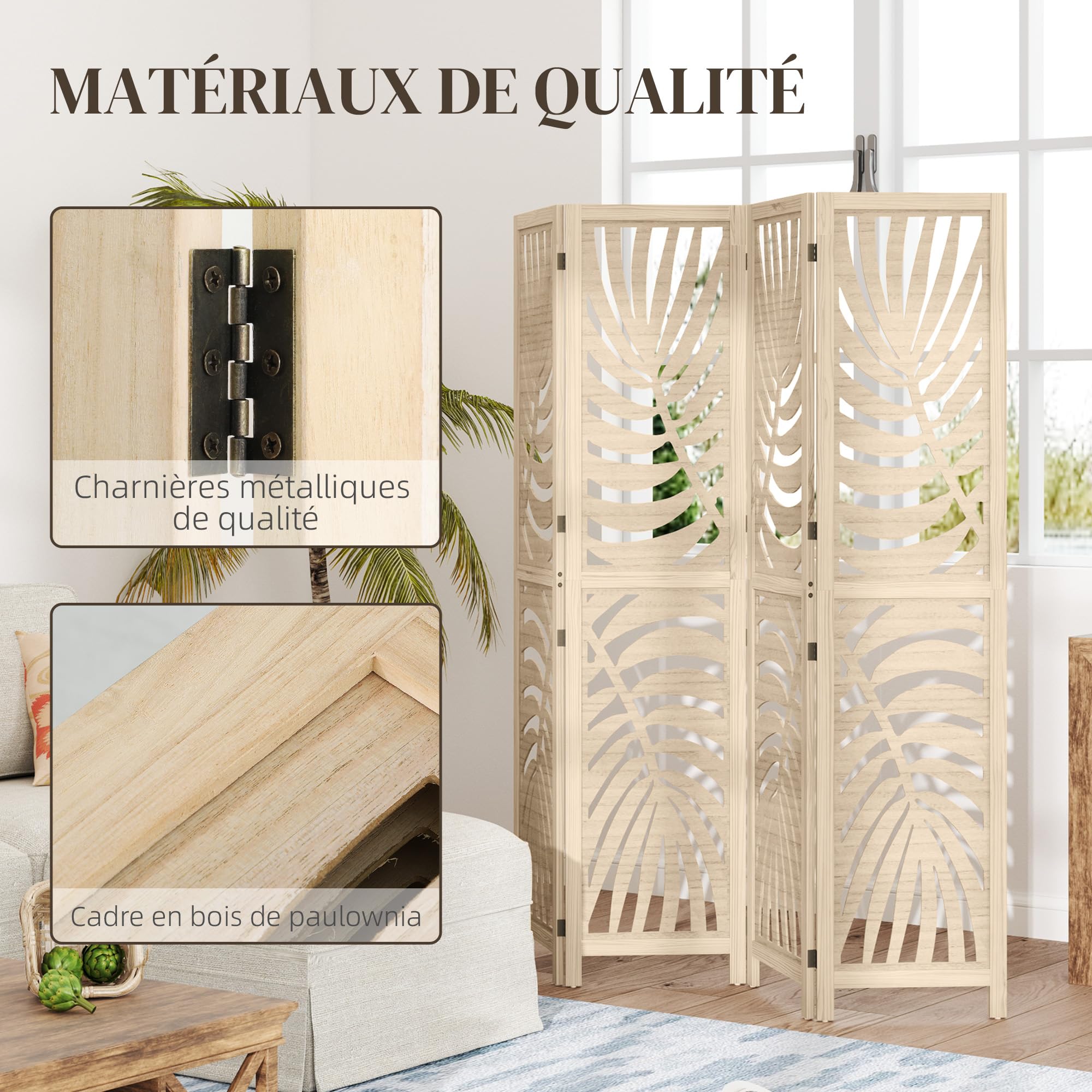 HOMCOM Paravent Intérieur en Bois 4 Panneaux 160 x 170 cm, Séparateur de Pièce Pliable et Portable, Motif de Feuille, Cloison de Séparation Amovible pour Salon, Chambre à Coucher, Maison, Bois Naturel