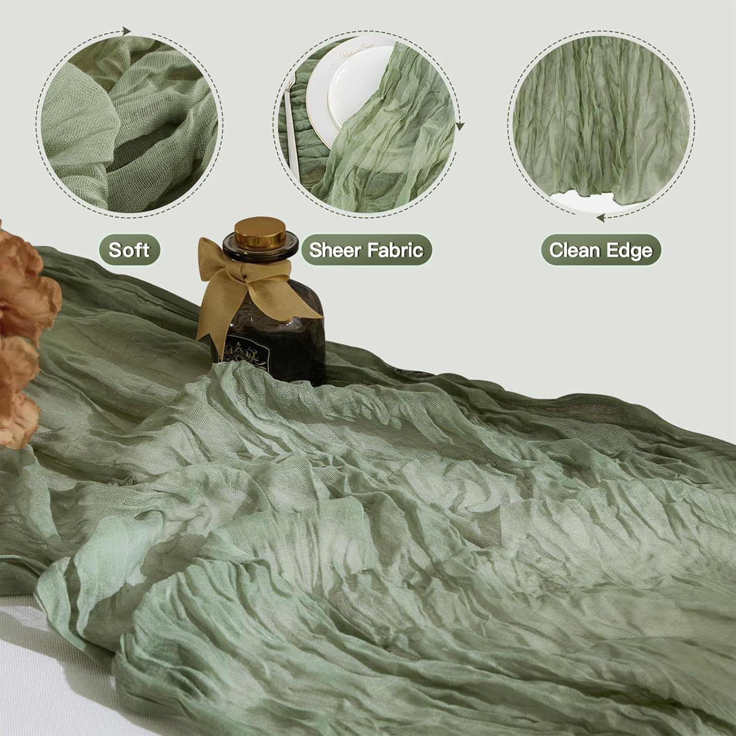 Cheesecloth Spring Table Runner 10 Feet 6 Pcs Boho Gauze Long Rustic Sheer Sage Green St. Patrick's Day Easter Table Runners for Baby Bridal Shower Wedding Birthday Party Decoration