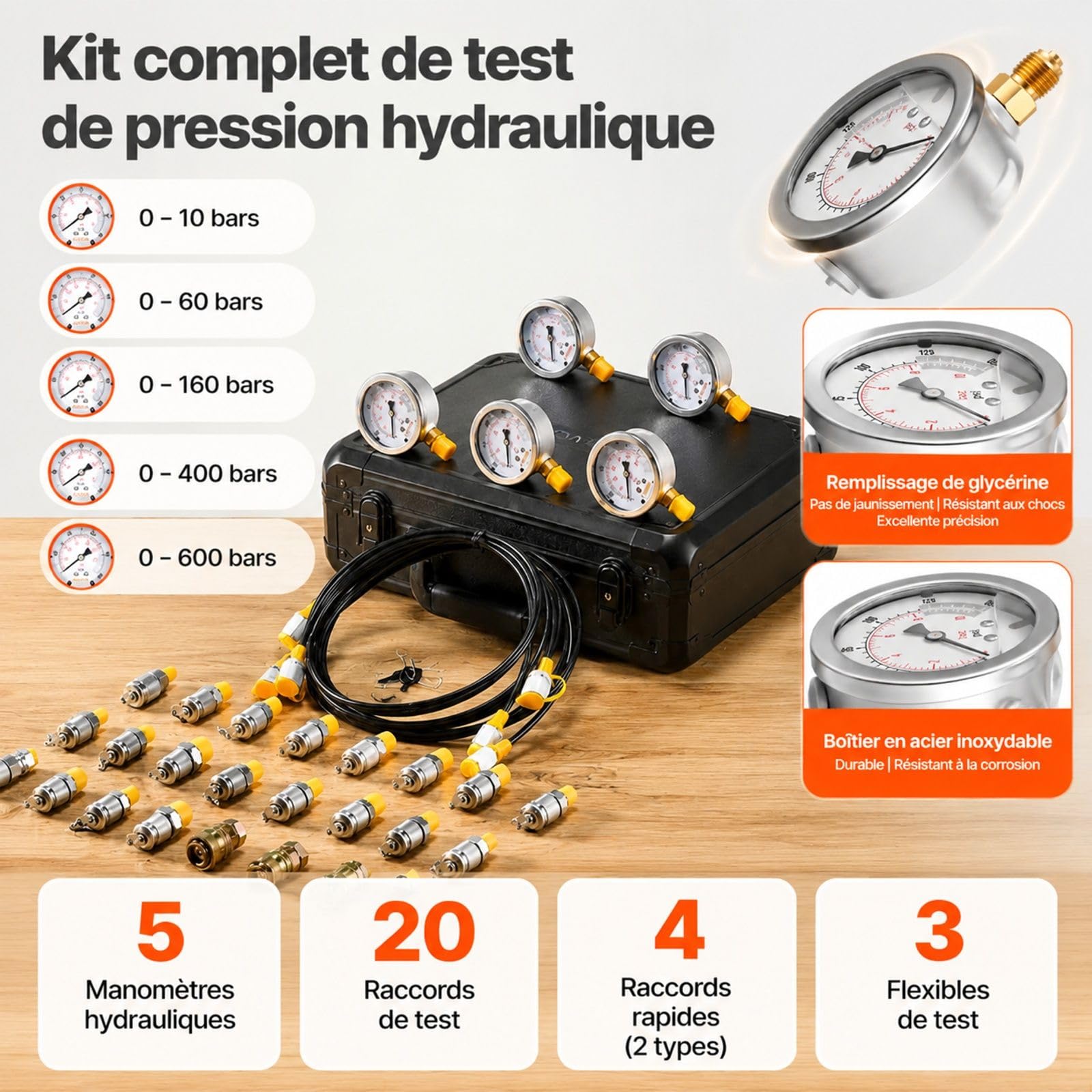 Hydraulik Druckpruefset mit 5 digitalen Manometern, 20 Anschluessen, 4 Schnellkupplungen und 3 Schlaeuchen fuer Bagger und Baumaschinen