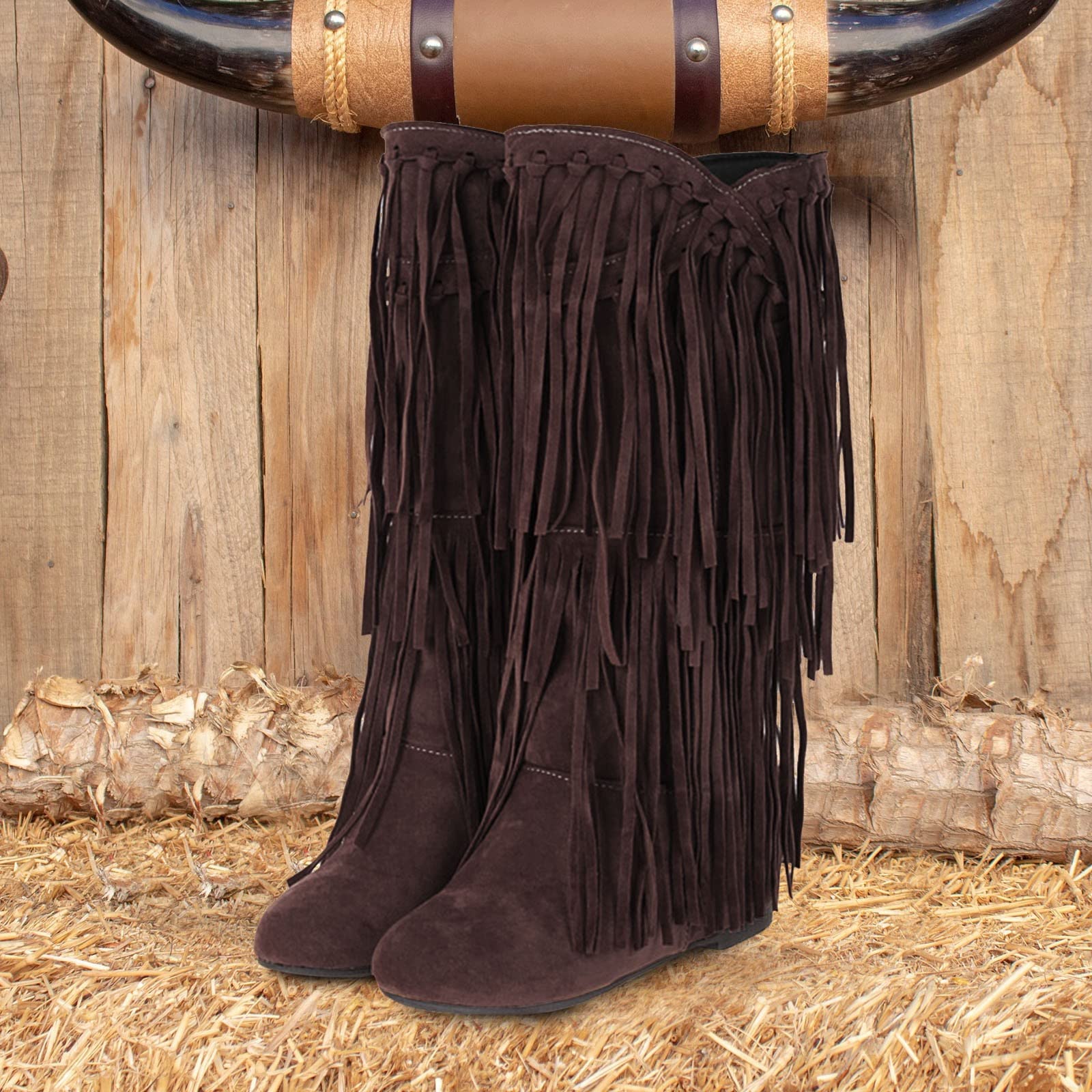 Botas de Vestir Rujer Botas de Invierno con tacón Grueso y Flecos para Mujer, Talla Grande, con Refuerzo Interior y Longitud Media