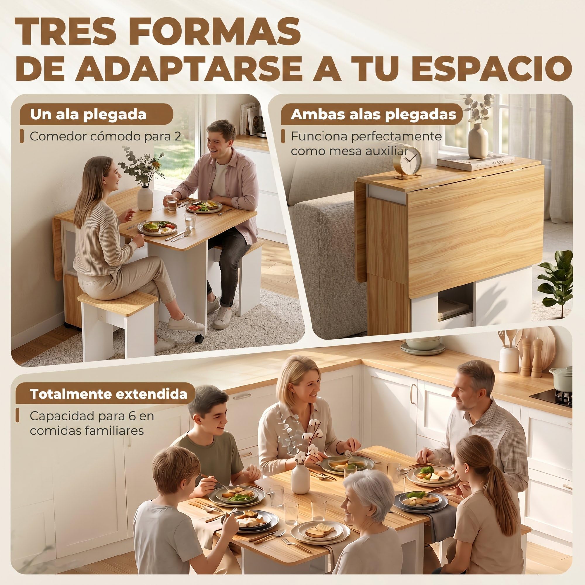 HOMCOM Conjunto Mesa y 4 Sillas de Comedor para 4 Personas Roble | Mesa de Comedor Plegable con Taburetes Ocultos, 2 Alas Abatibles, Ruedas, Estantes, Ahorro de Espacio