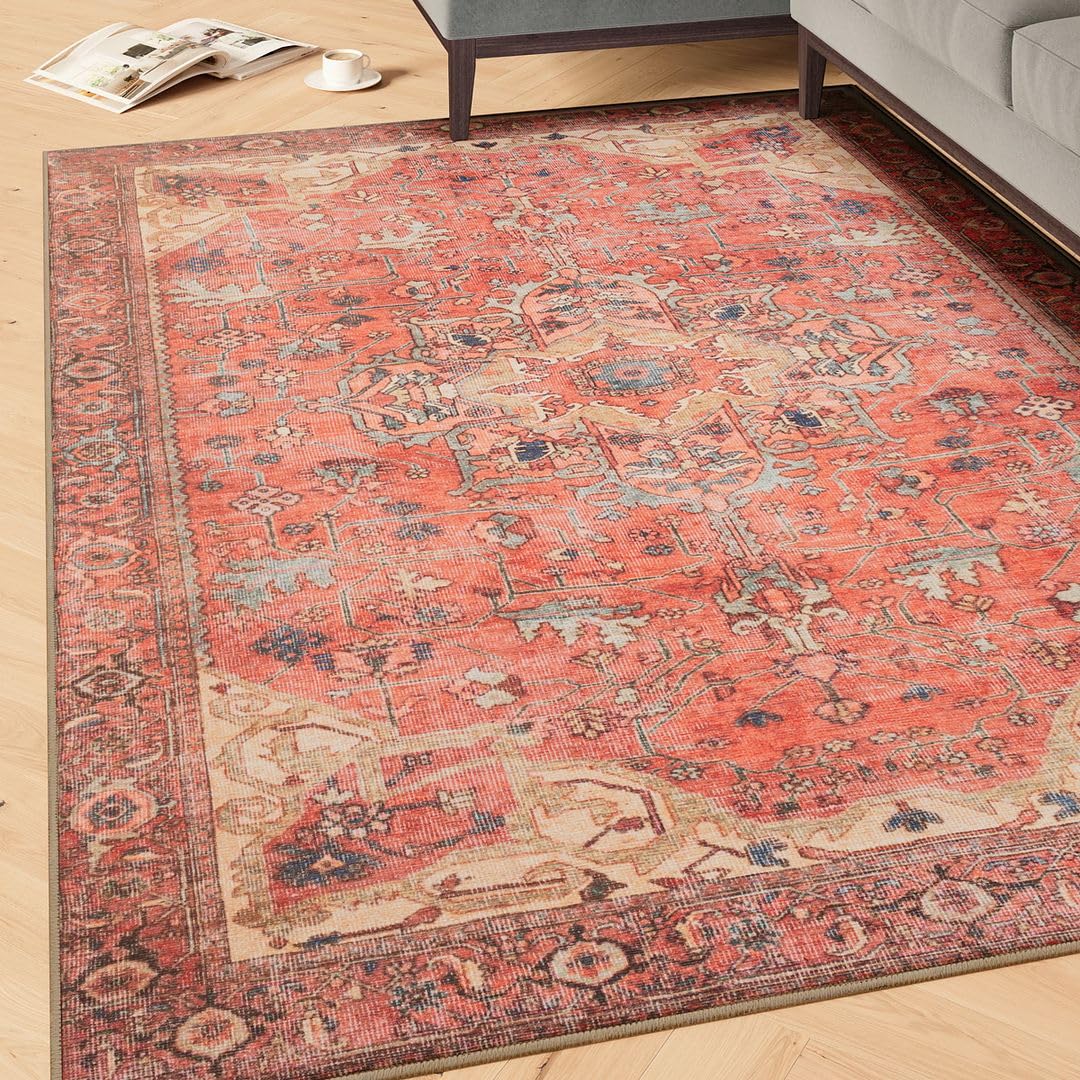Machine Washable Traditional Terra Red Cotton Rugs Geometric Patterned Stain Resistant Liquid Repellent Living Area Bedroom Rug 80cm x 150cm (2ft 7" x 4ft 11")
