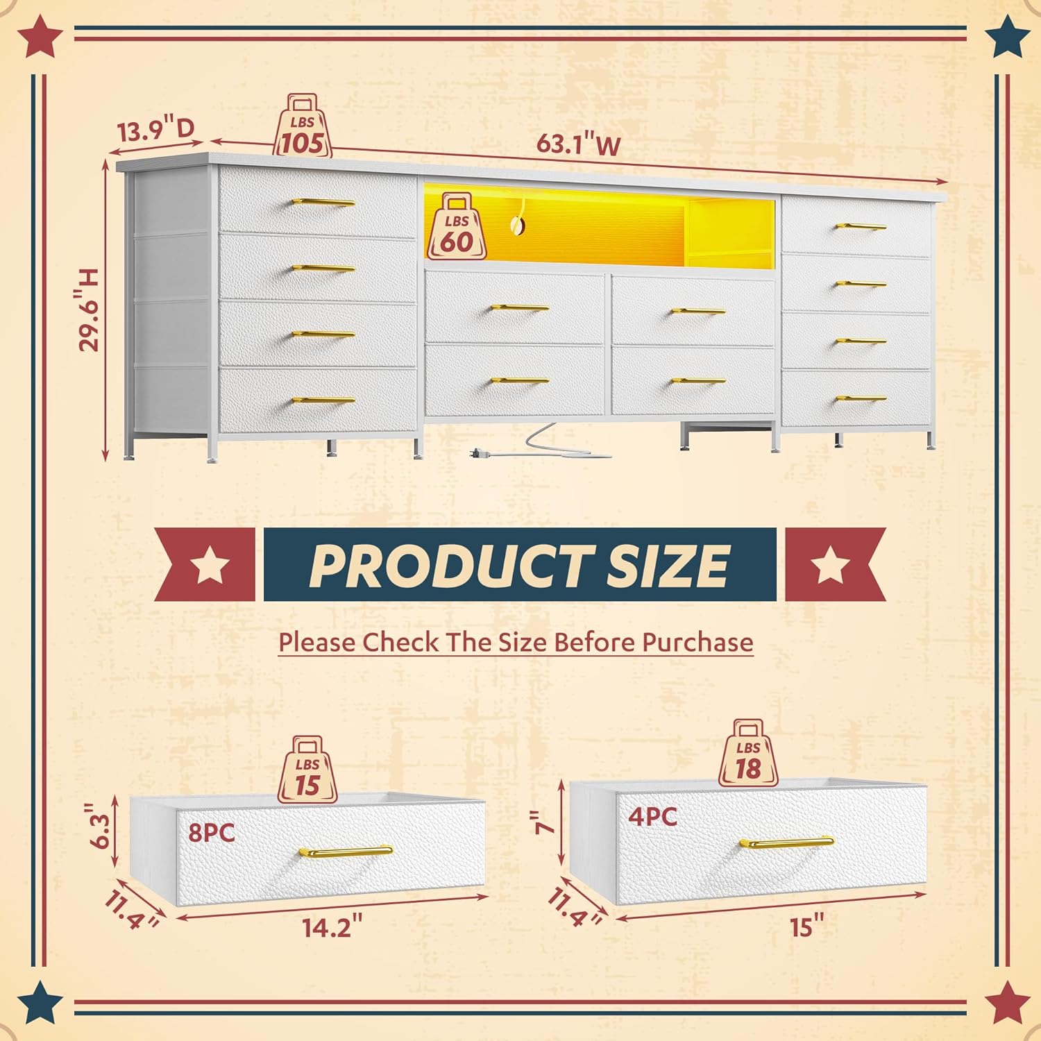 63" W Dresser for Bedroom with 12 Drawers, LED TV Stand with Power Outlets for 65,70 Inch TV, Sturdy Entertainment Center Long Chest of Drawers with Extra Wood Shelf, White