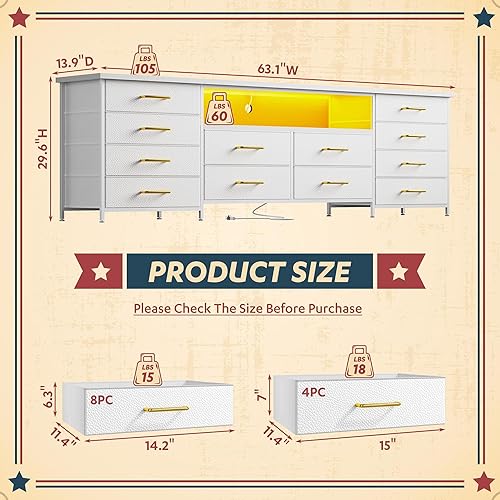 Miniatura 2 de Cómoda blanca de 63 pulgadas de ancho para dormitorio con 12 cajones de tela, cómoda larga con luces LED y tomas de corriente, soporte de TV para TV