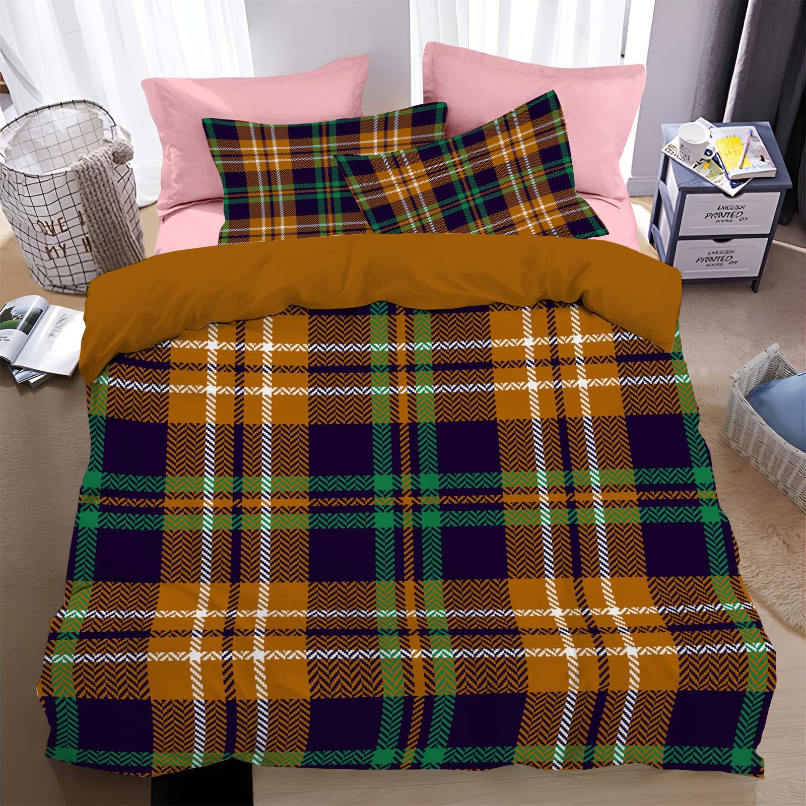 Housse de Couette 240x260cm Brun avec 2 Taies Parure de Lit 2 Personnes