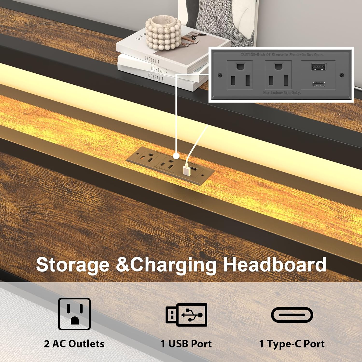 HAY.com Queen Size Bed Frame with LED Light and Charging Station, Metal Platform Bed with Storage Headboard, Heavy Duty Slats Support, Noise Free, No Box Spring Needed, Brown