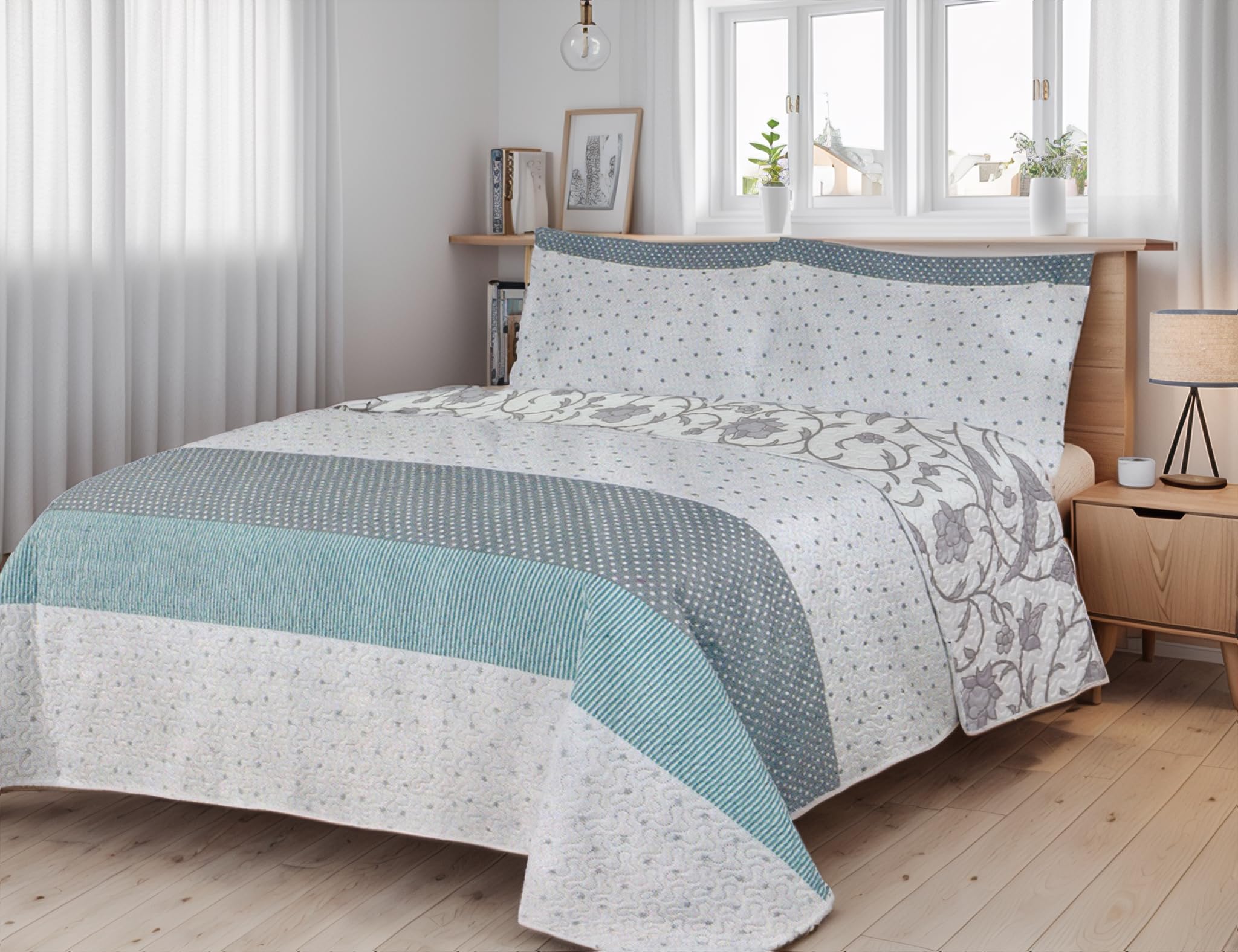 Colcha Bouti Reversible Estampada 100% Microfibra Extra Suave Colcha Cubre Cama Multiusos para Primavera y Verano Incluye 2 Fundas de Cojín Cama 140/150/160 - 250x260cm - Turquesa/Gris/Blanco