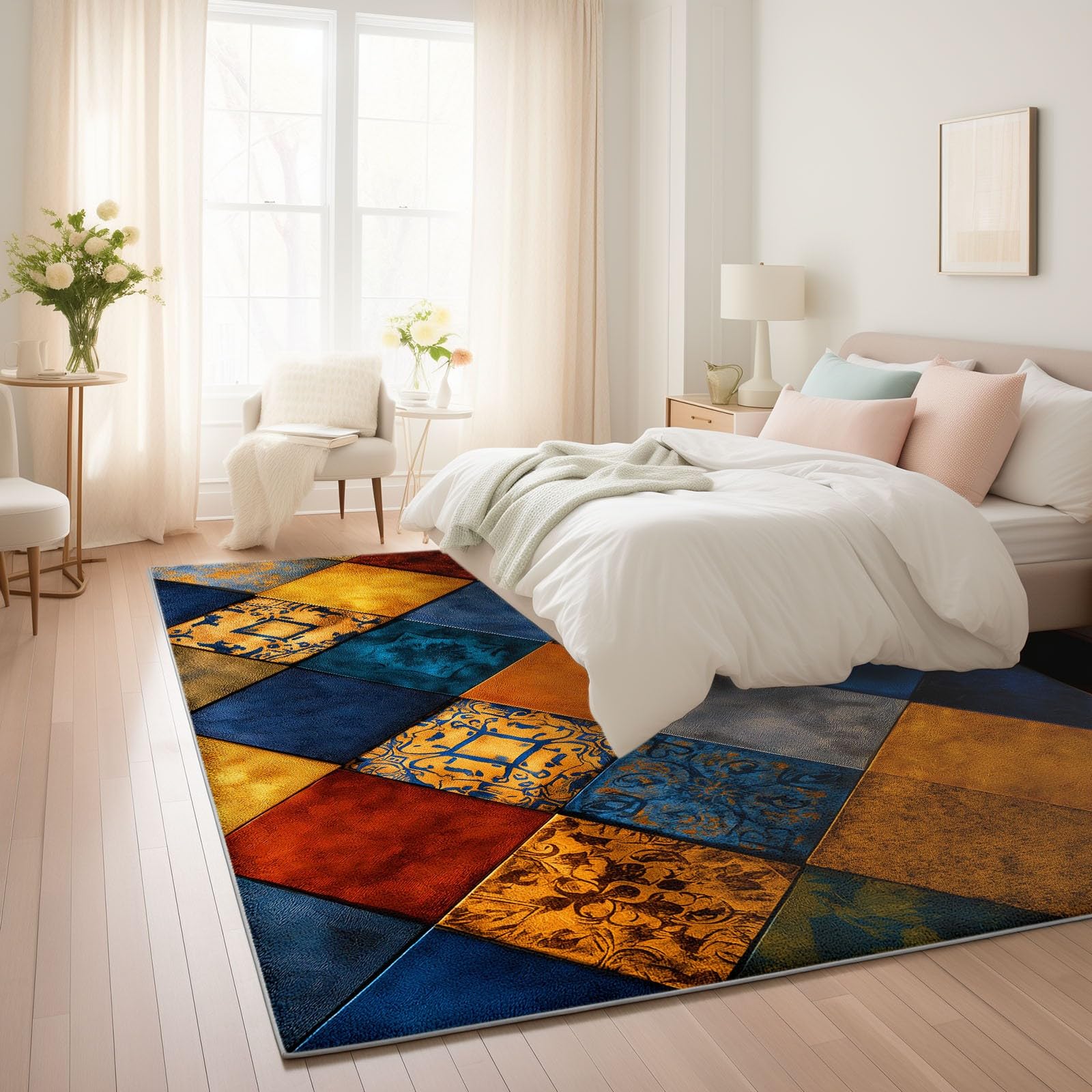 Teppich Wohnzimmer rutschfest 120 x 170 cm, Patchwork Fliesenmuster Used Look Waschbar Teppich Schlafzimmer - Patchwork Stil Kurzflor Bettvorleger Teppichen Kinderzimmer Büro Esszimmer Küchenteppich