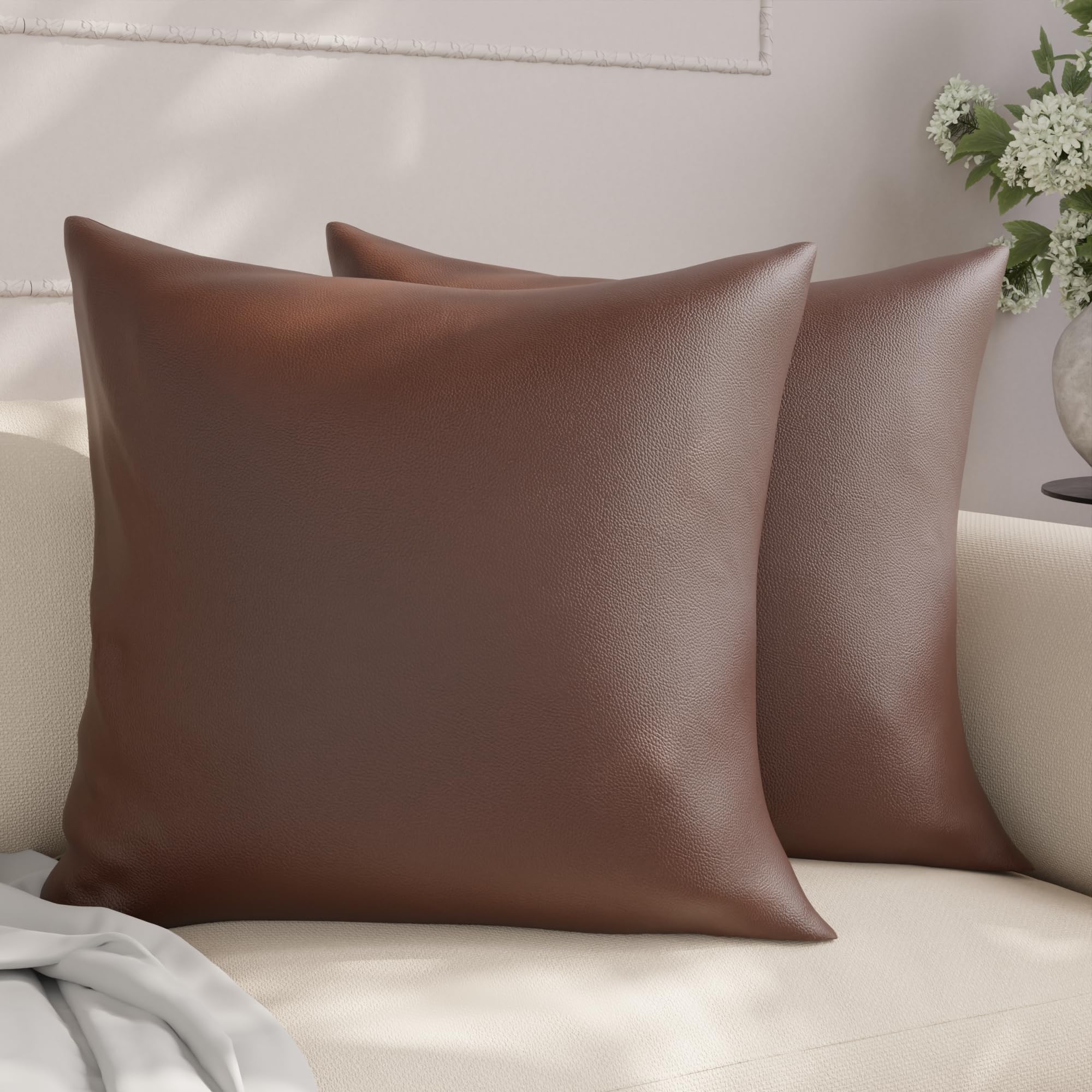 Encasa XO Faux Leather Cushion Covers, No Inserts 16"x16" Chocolate