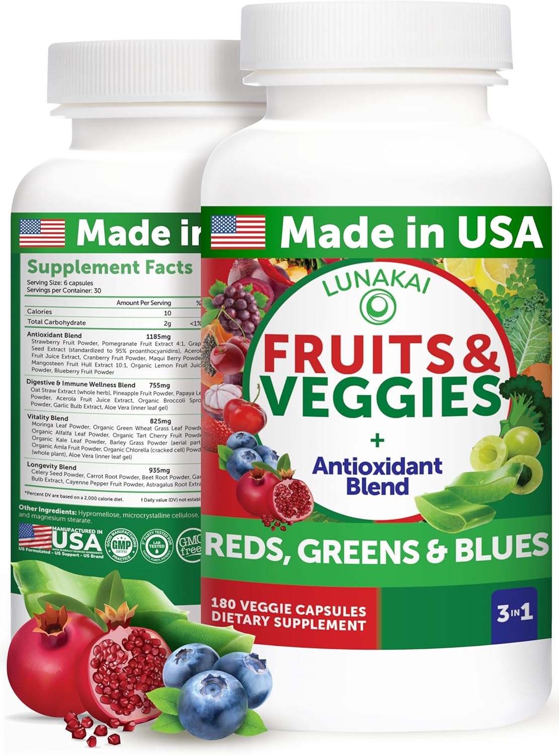 Lunakai USA Made Superfood Fruits & Veggies Supplement – All-in-One with 4 Blends & Scented Capsules, 180ct Super Veggie Capsules for Adults Lunakai USA Made Superfood Fruits & Veggies Supplement – All-in-One with 4 Blends & Scented Capsules, 180ct Super Veggie Capsules for Adults