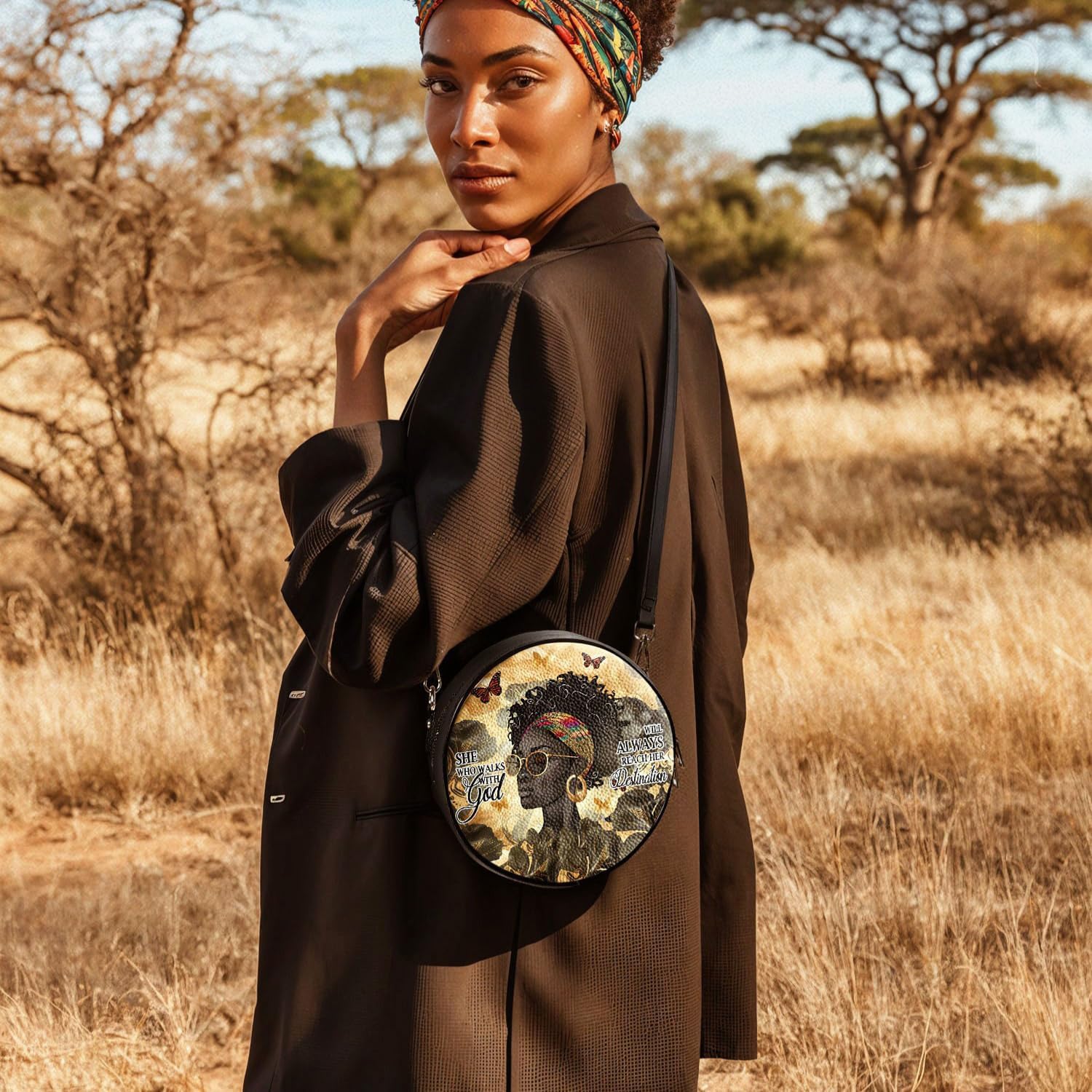 Afroyla African Women's Circle Crossbody Bag, Premium Vegan Leather, Adjustable Strap, Zipper, Gifts for Her, Mom, Wife - Image 4