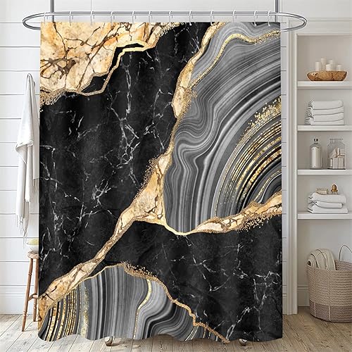 Vista 43 de Nkzply Juego de 4 cortinas de ducha de mármol negro con alfombras, juegos de baño dorados con cortina de ducha y alfombras, accesorios de decoración