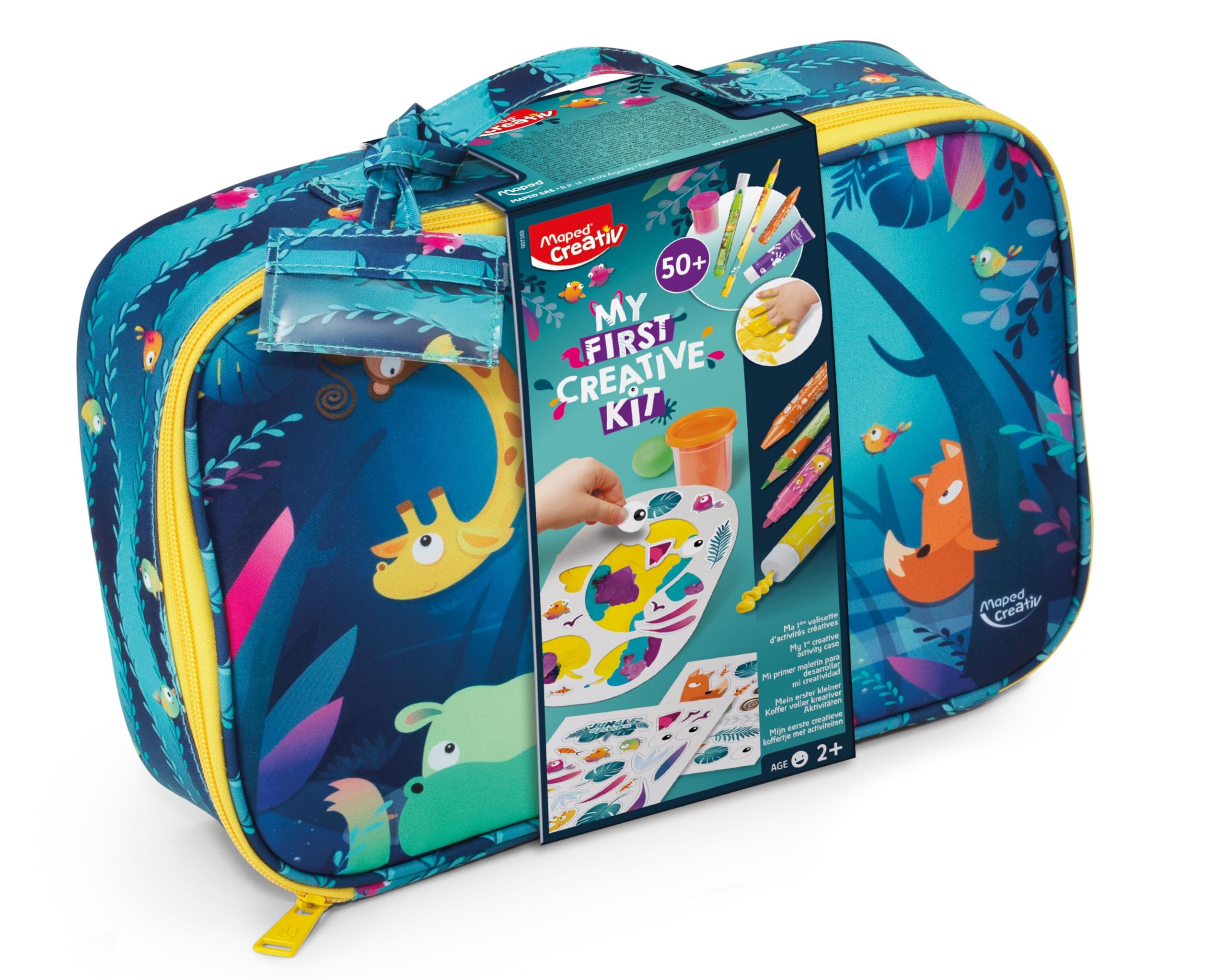 Maped Creativ Jungle Fever Case with 50 Pieces  Creative & Colourful Activities  Jumbo Pencils, Felt-Tip Pens and Crayons + Finger Paints, Modelling Dough, Stickers, Accessories  Ages 2 to 5 Years