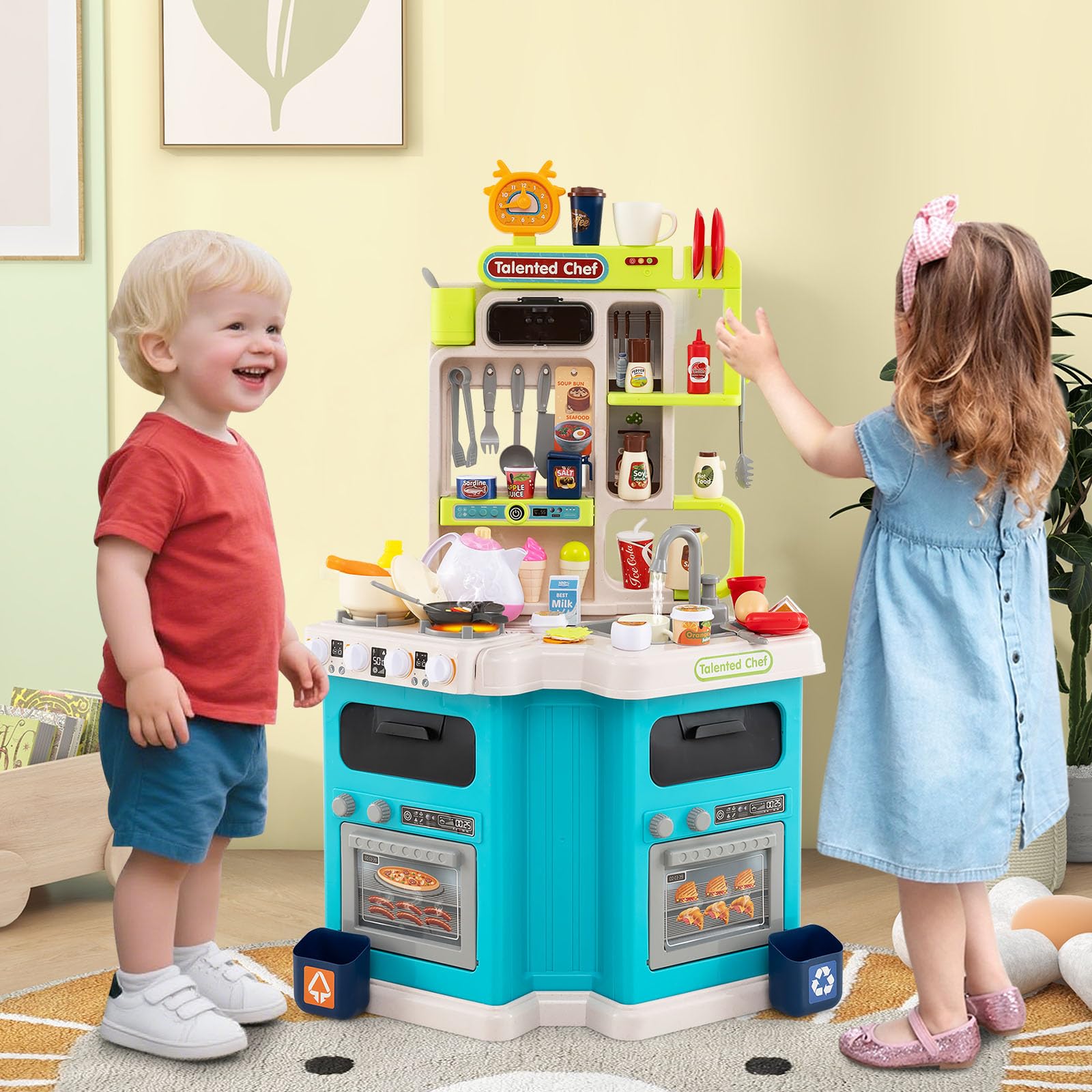 GOPLUS Cocina de Juguete para Niños, Cocinita Infantil con Sonidos y Luces, Fogón a Vapor Realista, Fregadero con Circulación de Agua, 75 Accesorios, Juego de Imitación para Niños de 3+ Años (Azul)