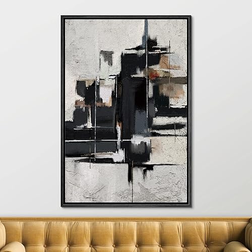 Miniatura 3 de SIGNFORD Lienzo enmarcado para pared, paneles negros sobre fondo gris grunge, formas abstractas, ilustraciones, minimalismo, alternativo, atrevido,