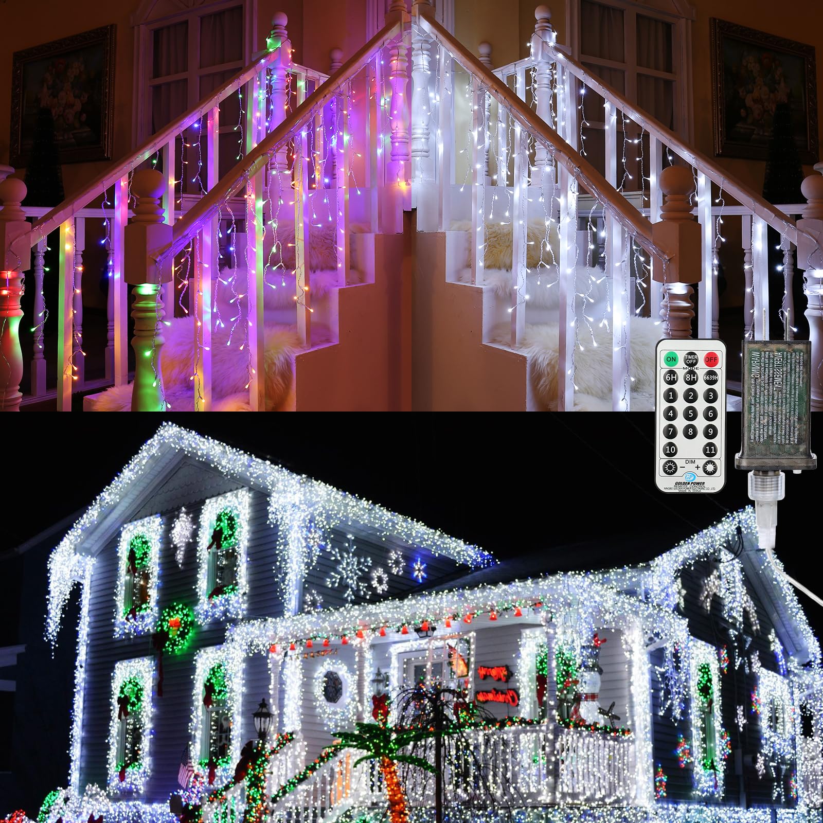 Brizled Color Changing Icicle Lights, 29ft 360 LED Christmas Icicle Lights with Remote, 11 Modes Cool White & Multicolor Xmas Lights for Xmas Wedding Home