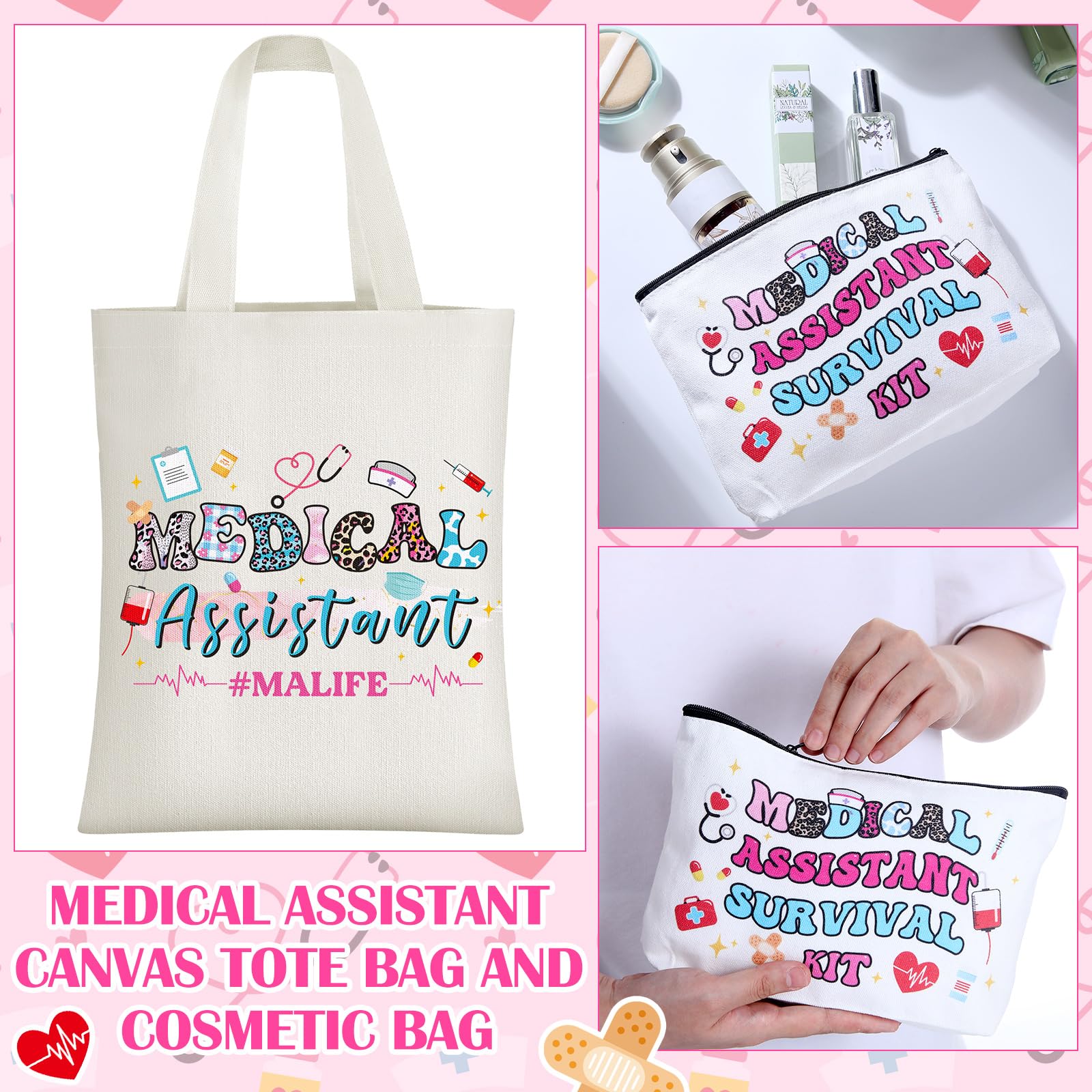 Mimorou 6 Pcs Medical Assistant Gift Set for Women Canvas Tote Bag Cosmetic Bag 16oz Glass Cup Pink Glitter Badge Reel Novelty Socks Unique Appreciation Gifts for Medical Assistants Nurse Week