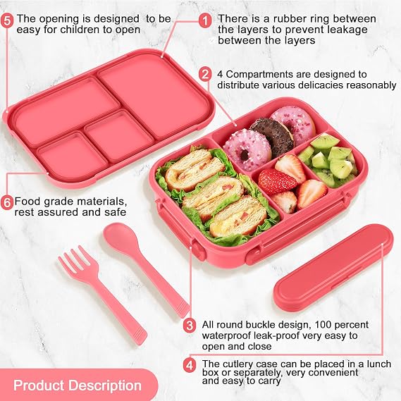 Amathley Lunch Box Kids,Bento Box Adult,Leakproof Lunch Containers for Adults/Kids/Toddler,1200ML-4 Compartments Bento Boxes with Utensil,Microwave & Dishwasher & Freezer Safe (Pink Berry)