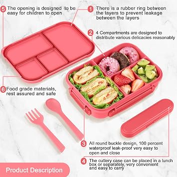 Amathley Lunch Box Kids,Bento Box Adult,Leakproof Lunch Containers for Adults/Kids/Toddler,1200ML-4 Compartments Bento Boxes with Utensil,Microwave & Dishwasher & Freezer Safe (Pink Berry)