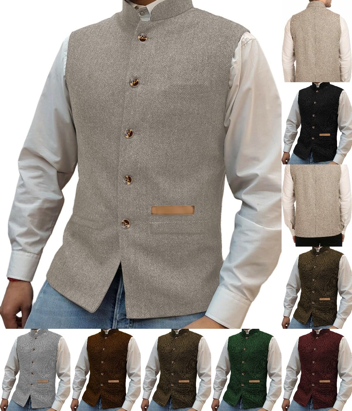 Gilet à col montant pour homme - En tweed - À chevrons - Rétro - Doublure en laine - Pour mariage et chasse