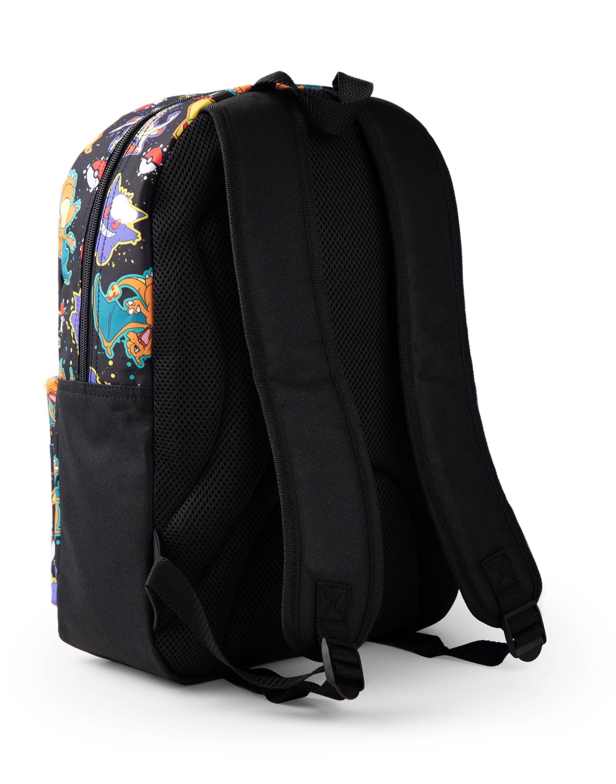 Pokémon Mochila Pikachu Charizard Gengar Meowth en Negro | Personaje infantil Bolsa estampada por toda la prenda | Correas de hombro ajustables, bolsillo frontal y soporte de malla