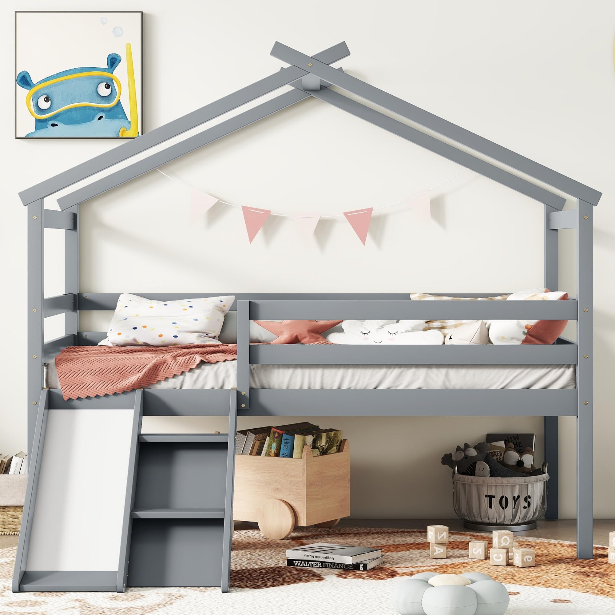 Yestar Twin Low Loft House Bed with Slide Ladder, Sturdy Guardrails, Grey Roof Frame – Fun Safe Kids Bedroom for Boys Girls