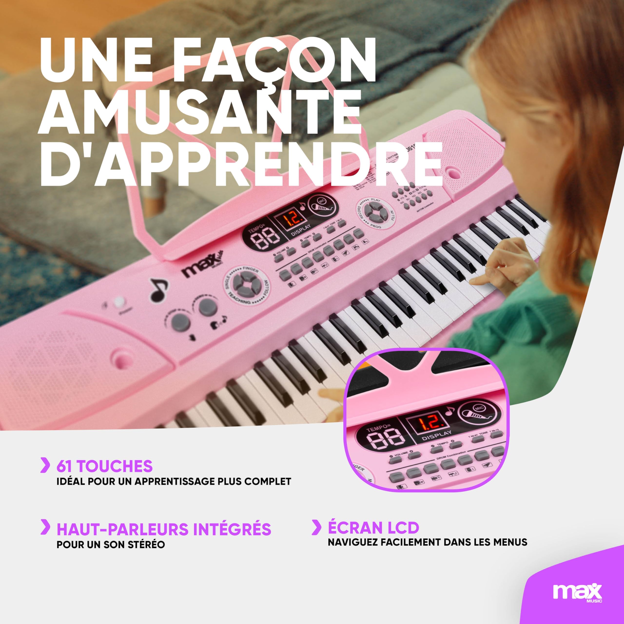 Pack MAX KD61P - Clavier/Piano 61 Touches avec Support | Piano Électronique Portable Débutant - Rose