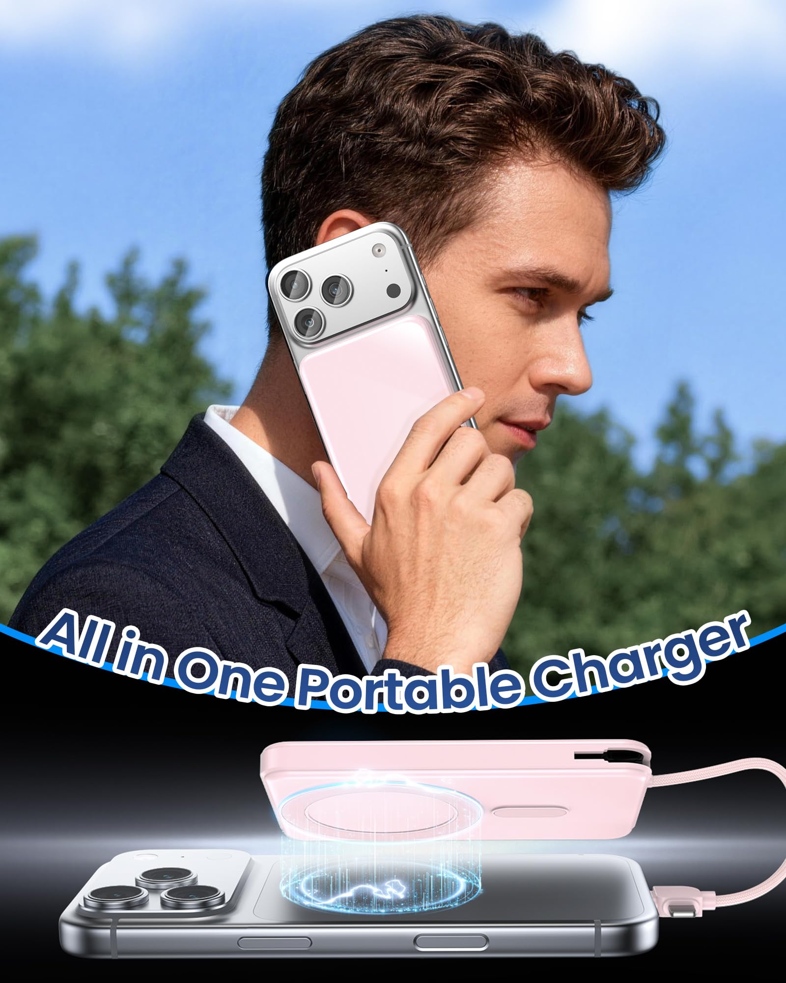 golioklsy Caricabatterie portatile Power Bank, 10000 mAh, caricabatterie per telefono con cavo integrato, ricarica rapida PD da 20 W, batteria sottile con display LED, essenziale da viaggio per iPhone