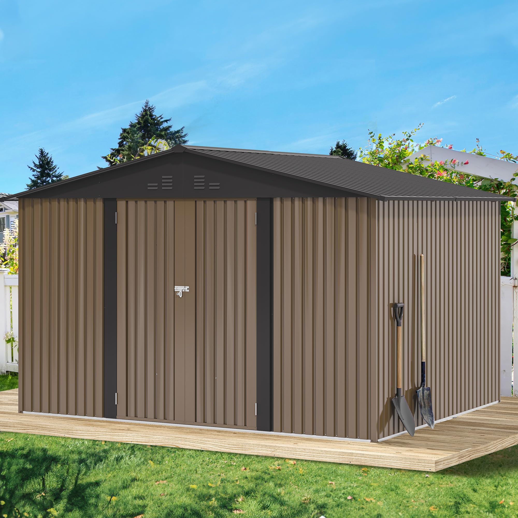 YITAHOME Stahl Gartengerätehaus 10x8FT Robustes Metall Gartenhaus, Wasserdichtes Gerätehaus & Fahrradschuppen mit Doppeltüren & 4 Lüftungen zur Aufbewahrung, 279x224.5x193.5cm,Braun-Schwarz