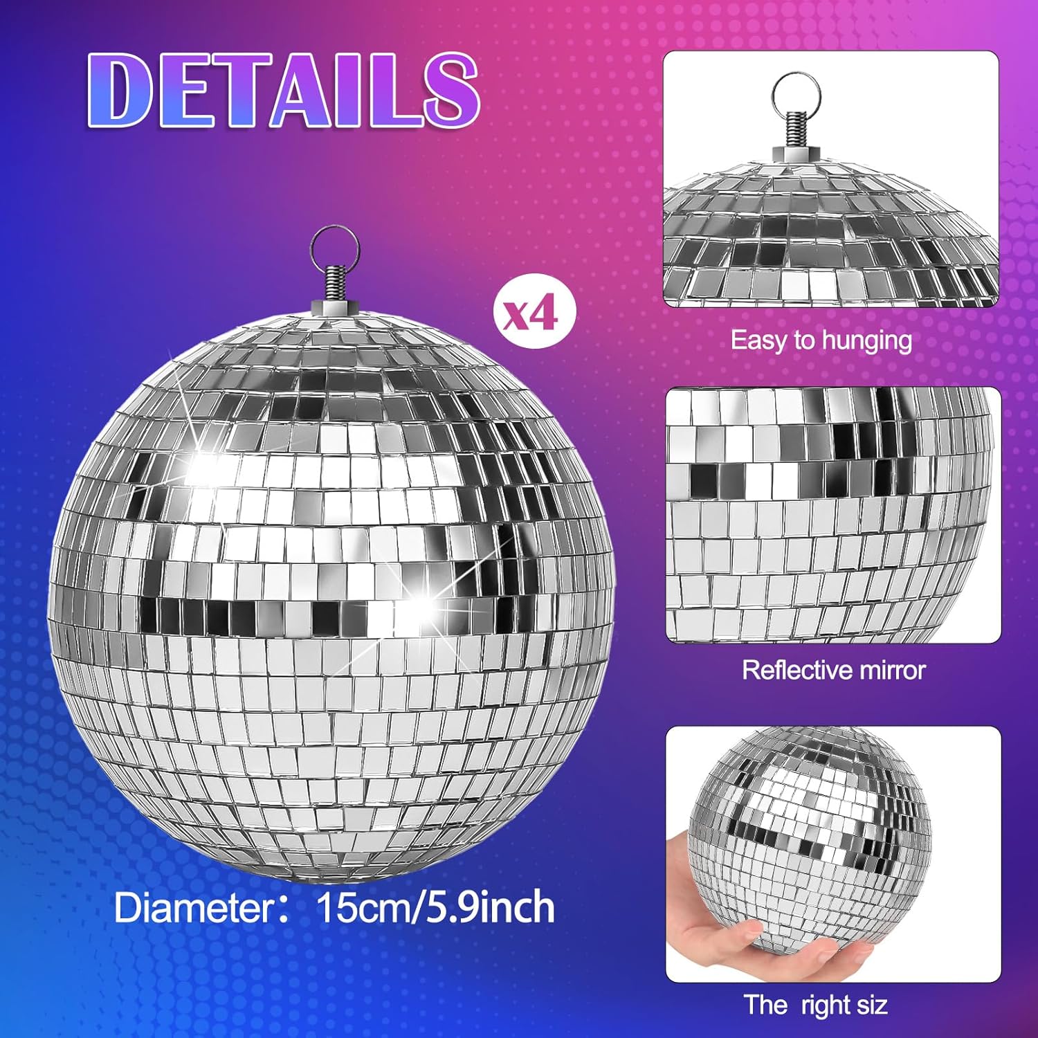 4 Pcs Large Disco Ball Decor- Silver Hanging Mirror Disco Balls Ornament for New Year Decor Christmas Tree Wedding Party Supplies Holiday Dance Music Festivals Club(6 Inch