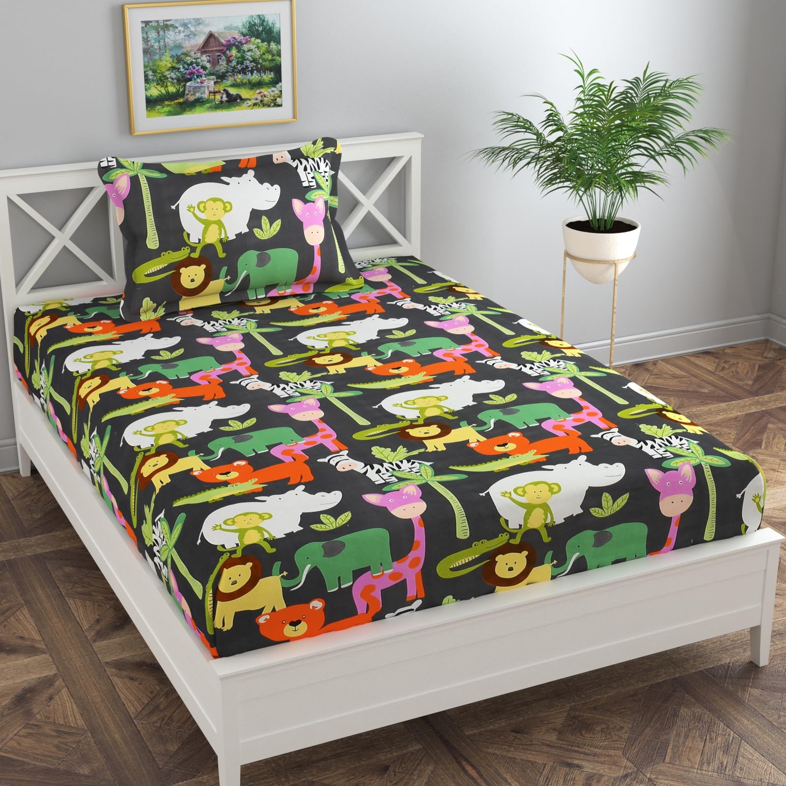 ELMORA Microfiber Kids Elastic Fitted Cotton Bed Sheet Cartoon Printed Single Bedsheet with 1 Pillow Cover | Soft, Hypoallergenic, Wrinkle-Free | 220 TC | 36x72 Inches (3x6 ft) | Jungle Theme-image-2