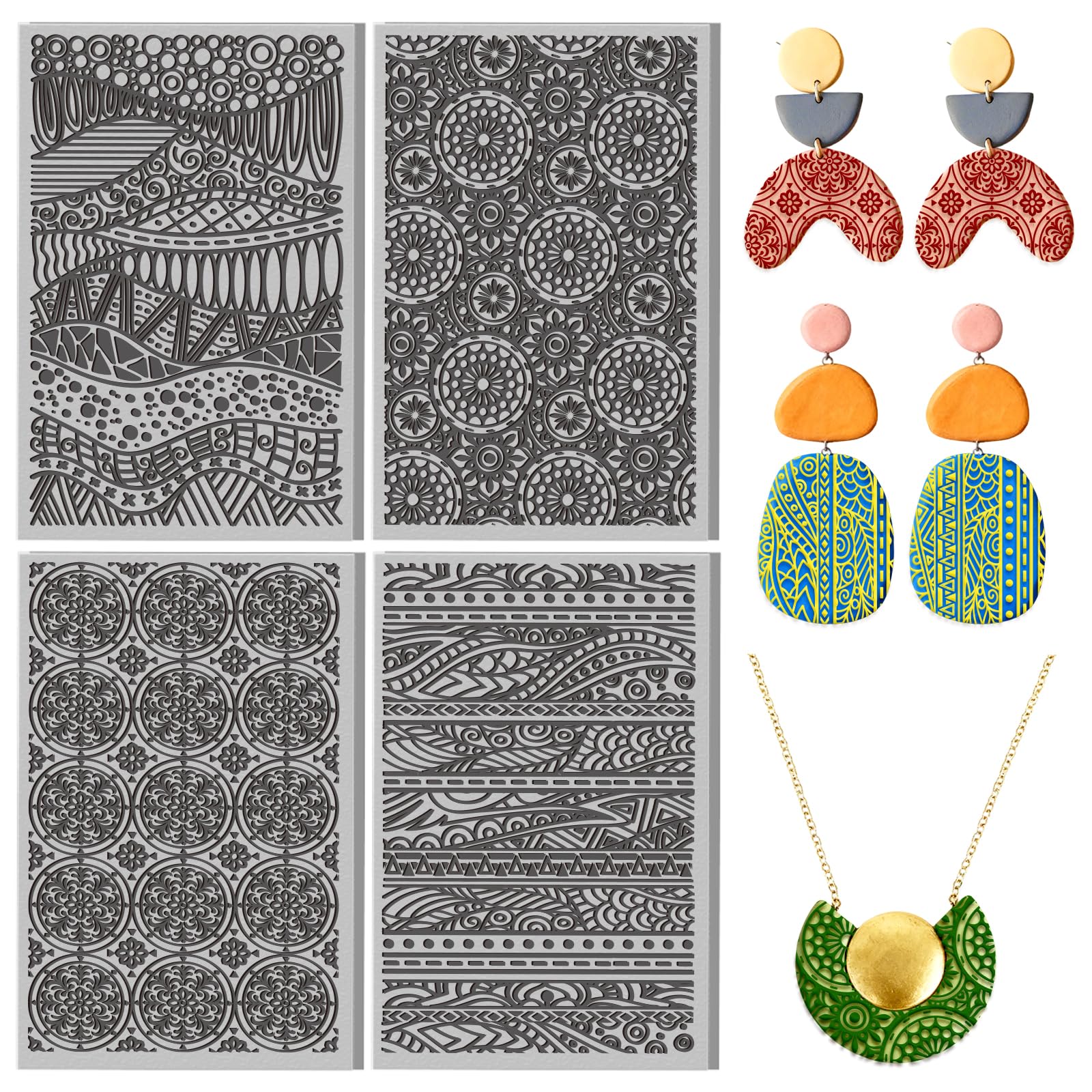 CONCHLERY 4 Sheets Retro Mandala Tribal Element Pattern Polymer Clay Texture Sheets, for Pottery Earring Jewelry Making Stamp Engraving Machines 3.9x2.6 Inch
