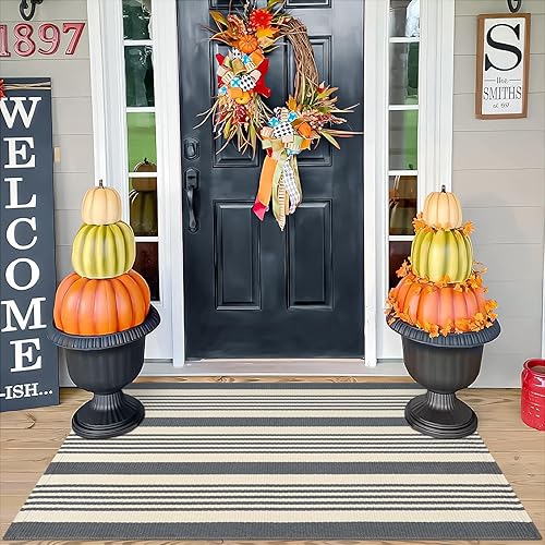 Miniatura 7 de OJIA Tapete para puerta delantera, color gris y blanco, 3 x 5 pies, tejido a mano, de algodón, lavable, a rayas, para porche, interior y exterior,