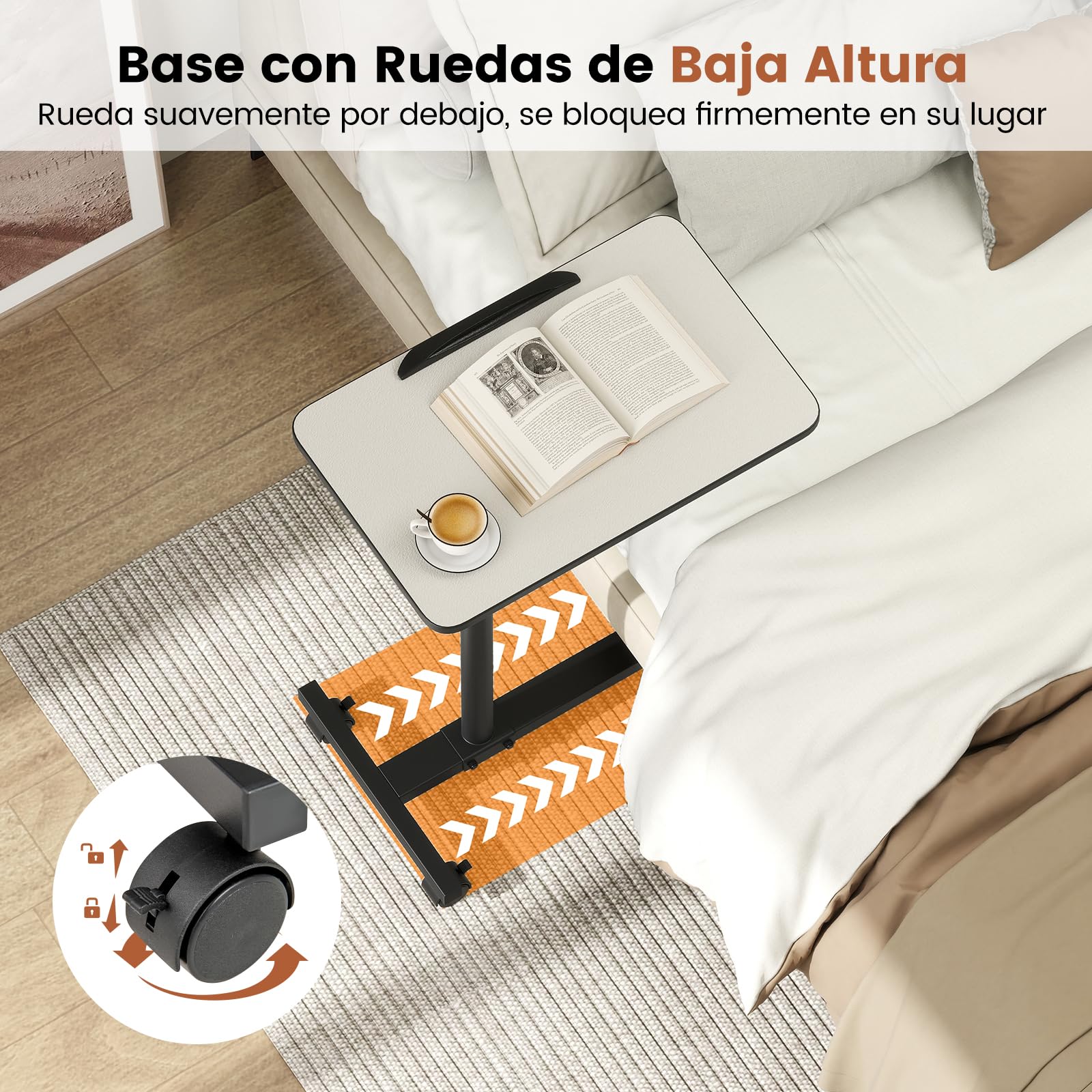 GYMAX Mesa Auxiliar en Forma de C, Mesa Lateral con Ruedas Bloqueables, Altura Ajustable, Encimera Inclinable y Giratoria de 360°, para Cama o Sofá, Sala de Estar, Dormitorio (Gris + Negro)