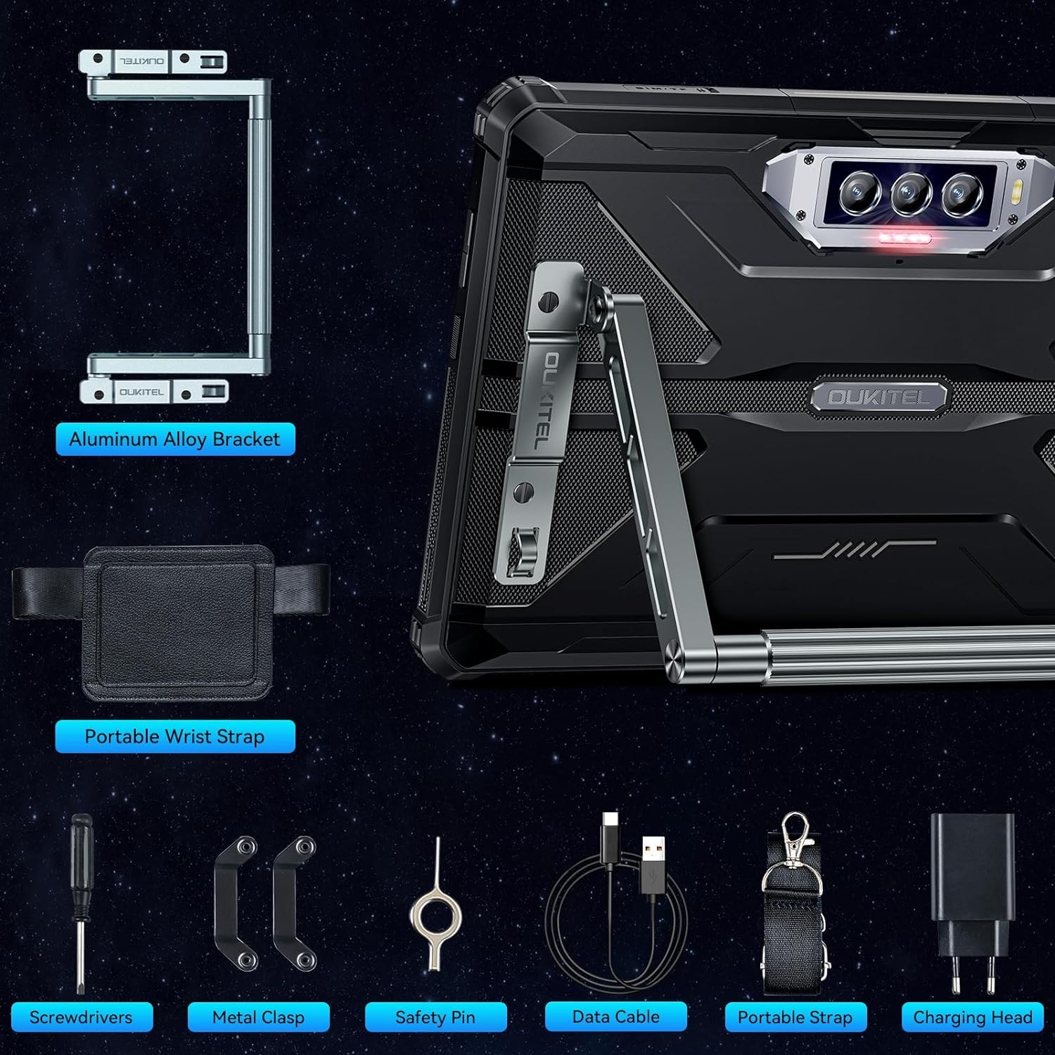 OBA Oukitel RT7 5G Tablet PC Rugged – akumulator 32000 mAh, 24 (12 + 12) GB + 256 GB, z systemem Android 13 MT6853, 48 MP + 32 MP, 10,1 cala FHD+, Dual 5G LTE/OTG/GPS/Face ID, czarny