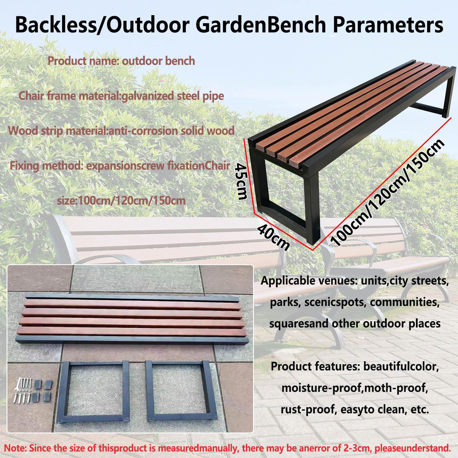 Panca da Esterno Mobili da Giardino Panchine da Patio Senza Schienale Panca da Giardino Metallo Legno Duro Ghisa(Black+Rainbow -150×40×45cm)