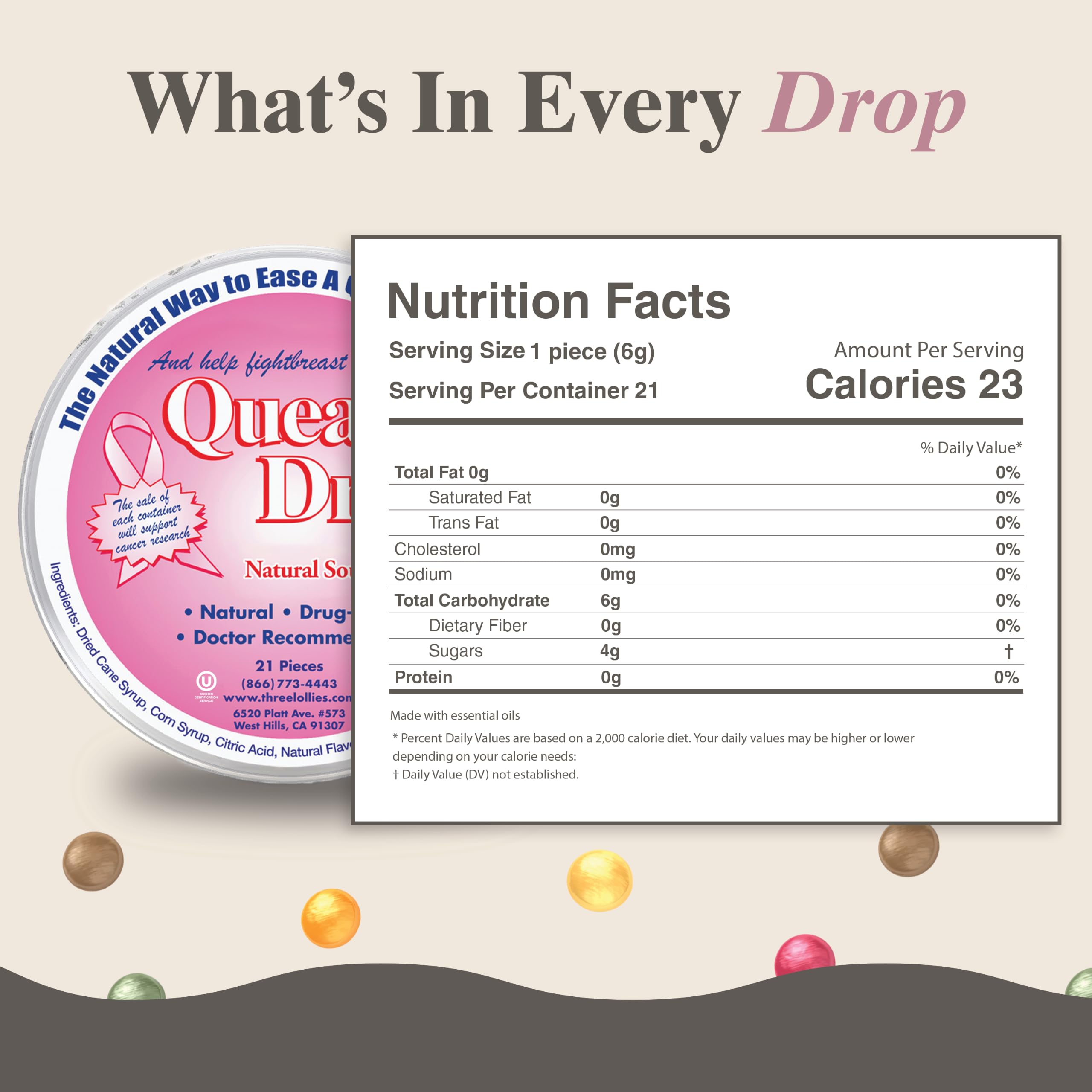 Three Lollies Queasy Drops - Sour Raspberry Flavor - Travel Sickness & Nausea Relief, Soothes Stomach & Dry Mouth, Natural Ingredients - 21 ct — Amazon image 2