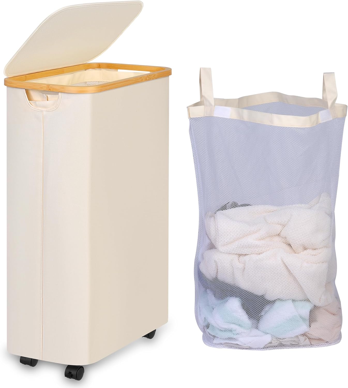 Beige 75L laundry hamper with wheels and lid