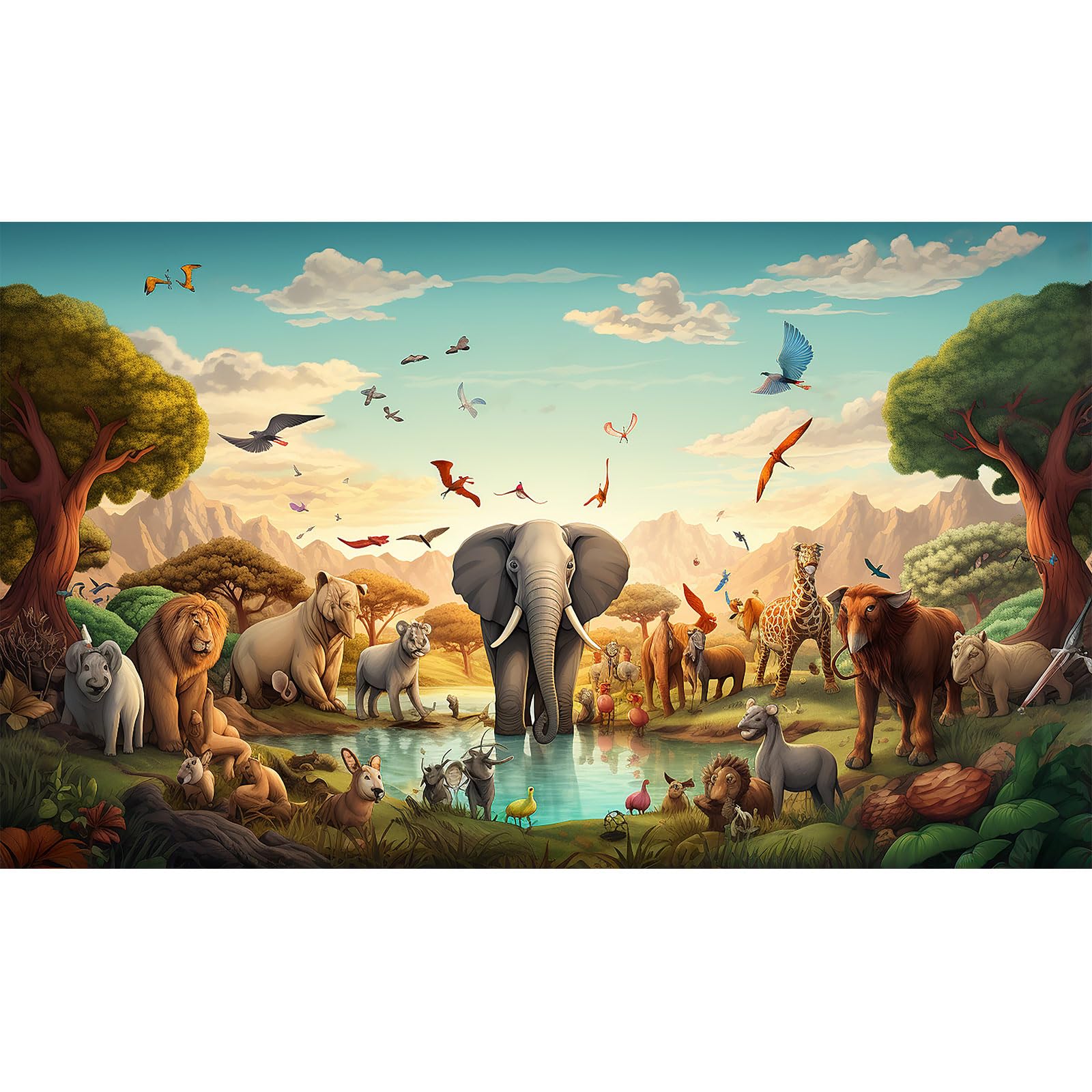 Jungle Animals Backdrop Tropical Desert African Forest Safari Scenic Photography Background Cartoon Illustration of Animals Walking in Savanna