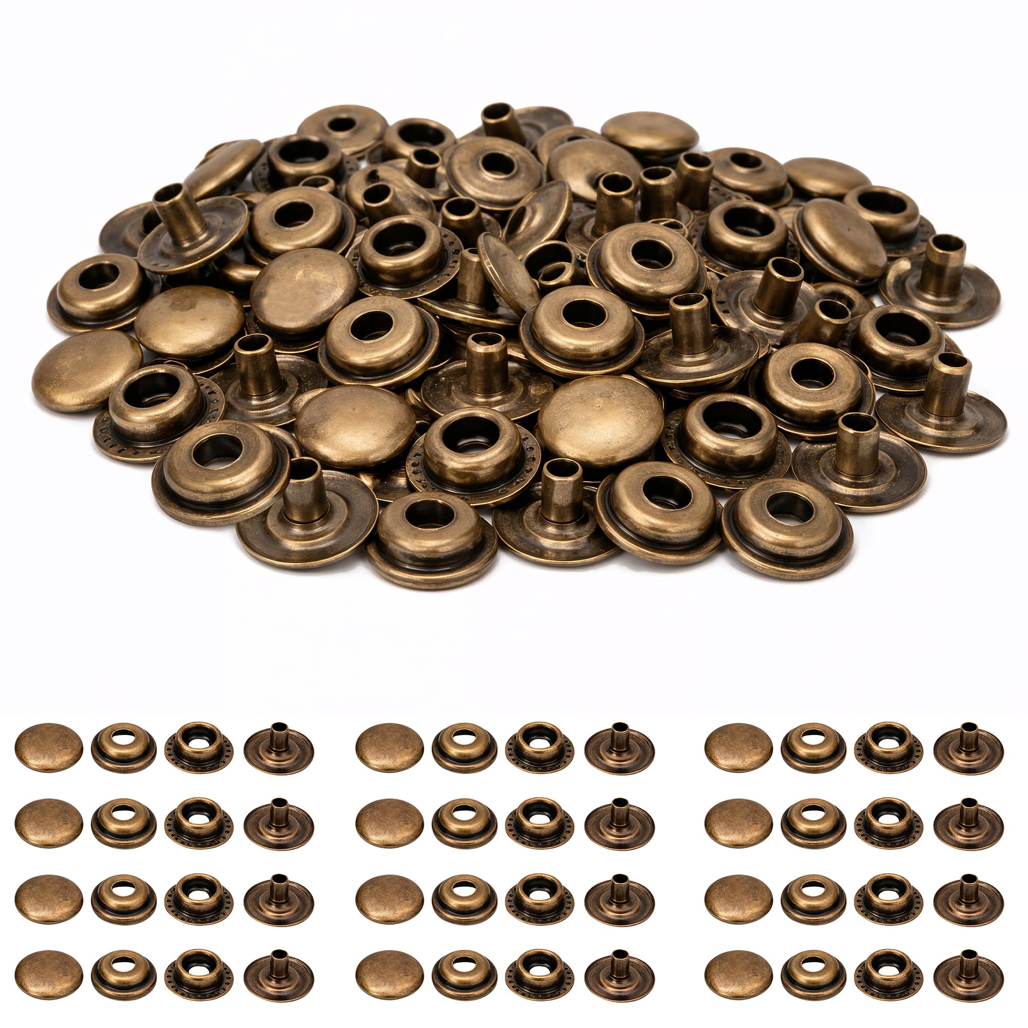 Trimming Shop 10mm Press Studs 4 Part, Durable and Lightweight, No-Sew Metal Buttons Snap Fasteners for DIY Leathercrafts, Jackets, Repair Clothing, Purses, Bronze, 50pcs