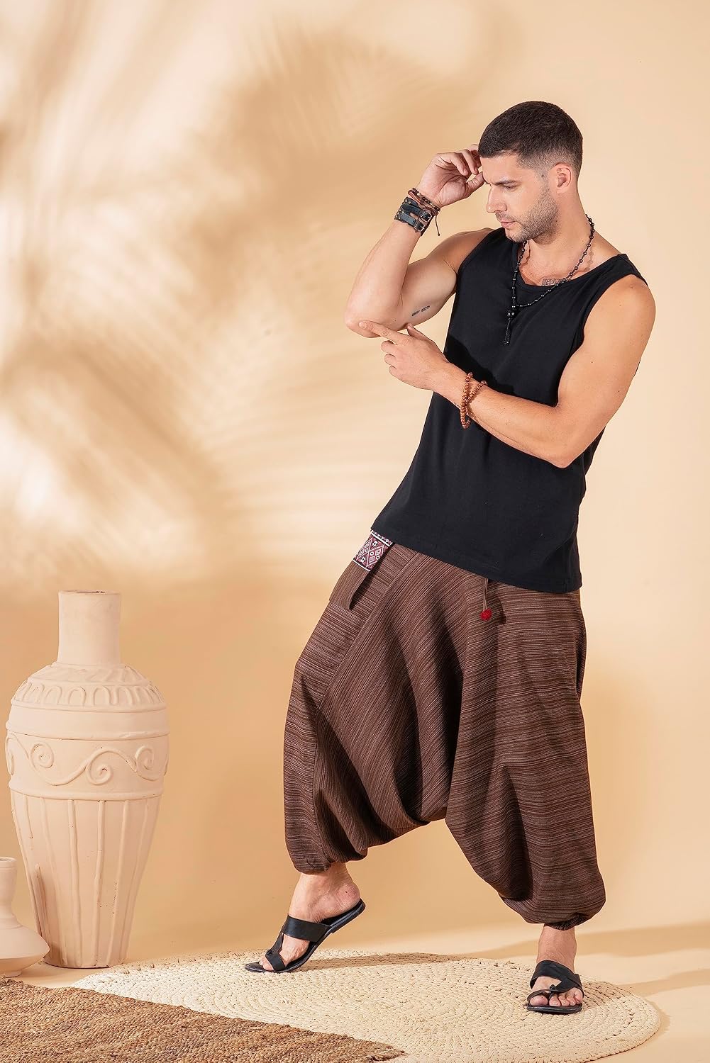 Soft Boho Harem Pants Pajama for Men, 100% Cotton High Waisted Harem Yoga Bottoms For Him