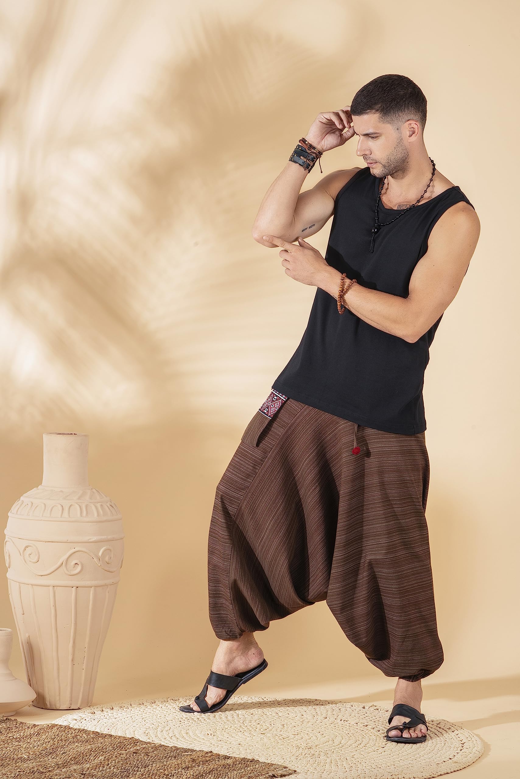 The Veshti Company Cotton Baggy Pants Drop Crotch Harems for Men's Loose Boho Oversized Striped Meditation Yoga Pant with Pocket, Brown - Ravening Wings, L 2