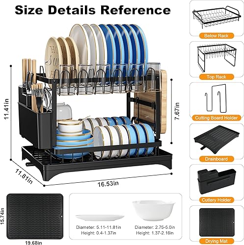 Miniatura 2 de Escurridor de platos grande desmontable de 2 niveles sobre la encimera de la cocina con escurridor y tapete de secado de platos de silicona, estante