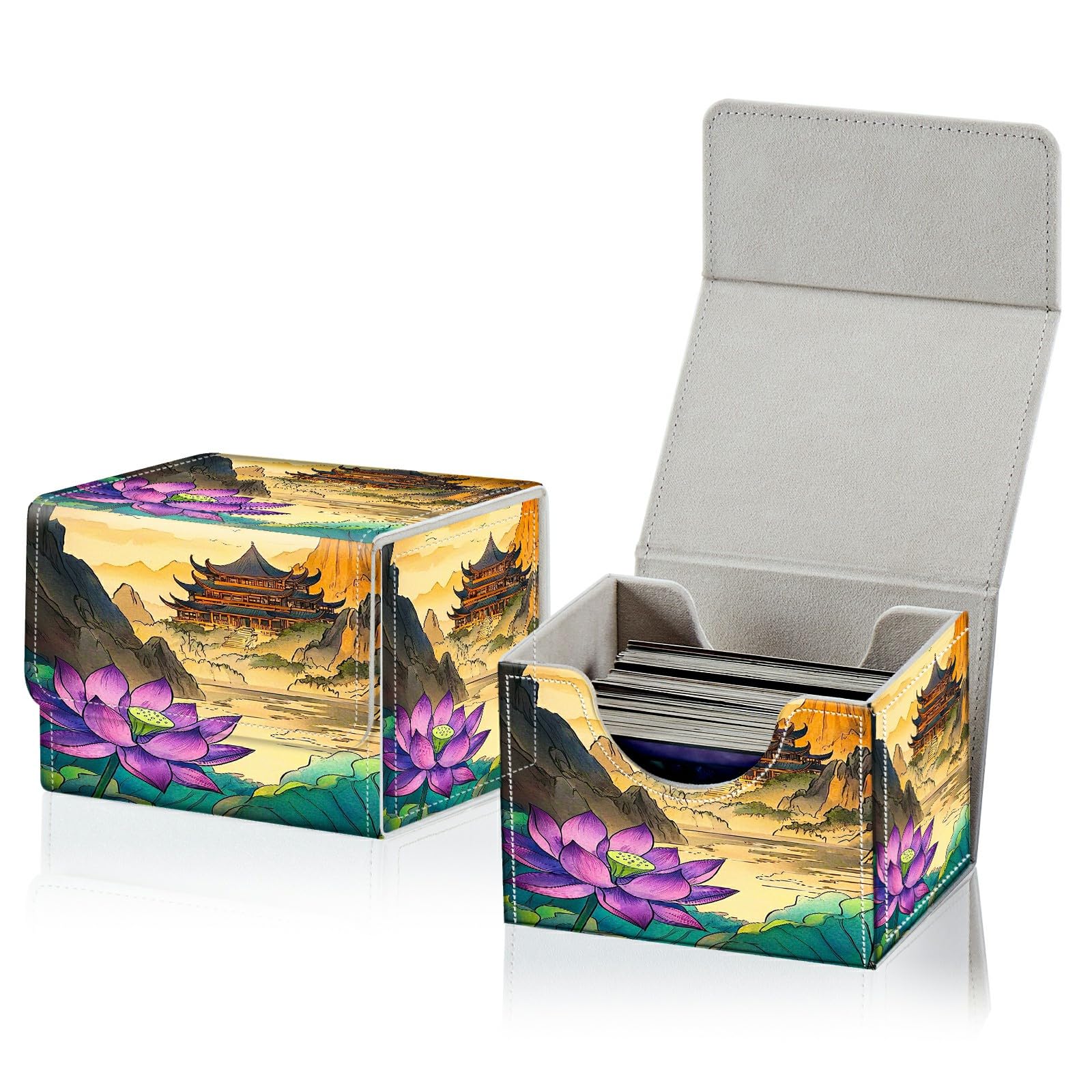 RWUTYTIUL Card Deck Box for MTG, Cards Storage Box Fits 120+ Sleeved, Leather Small Size Strong Magnetic Closing Card Case for Board Games Magic TCG CCG Baseball Collection, Purple Lotus Pavilion