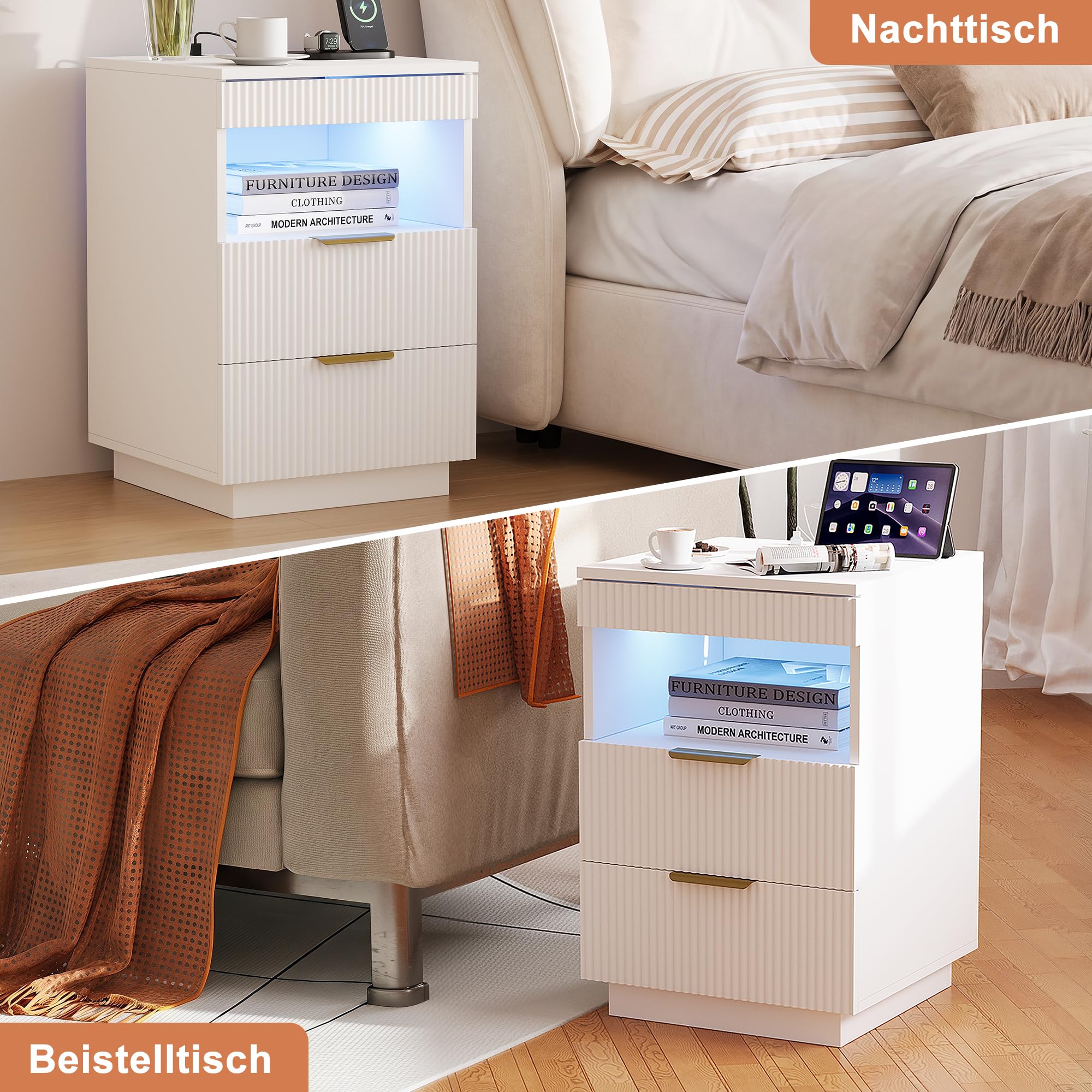 Zestaw 2 stolików nocnych, szafka nocna LED z 2 szufladami, taca, tajna przegródka, otwarta półka, USB i gniazdko, metalowe uchwyty, nowoczesny stolik pomocniczy, stolik kawowy do sypialni