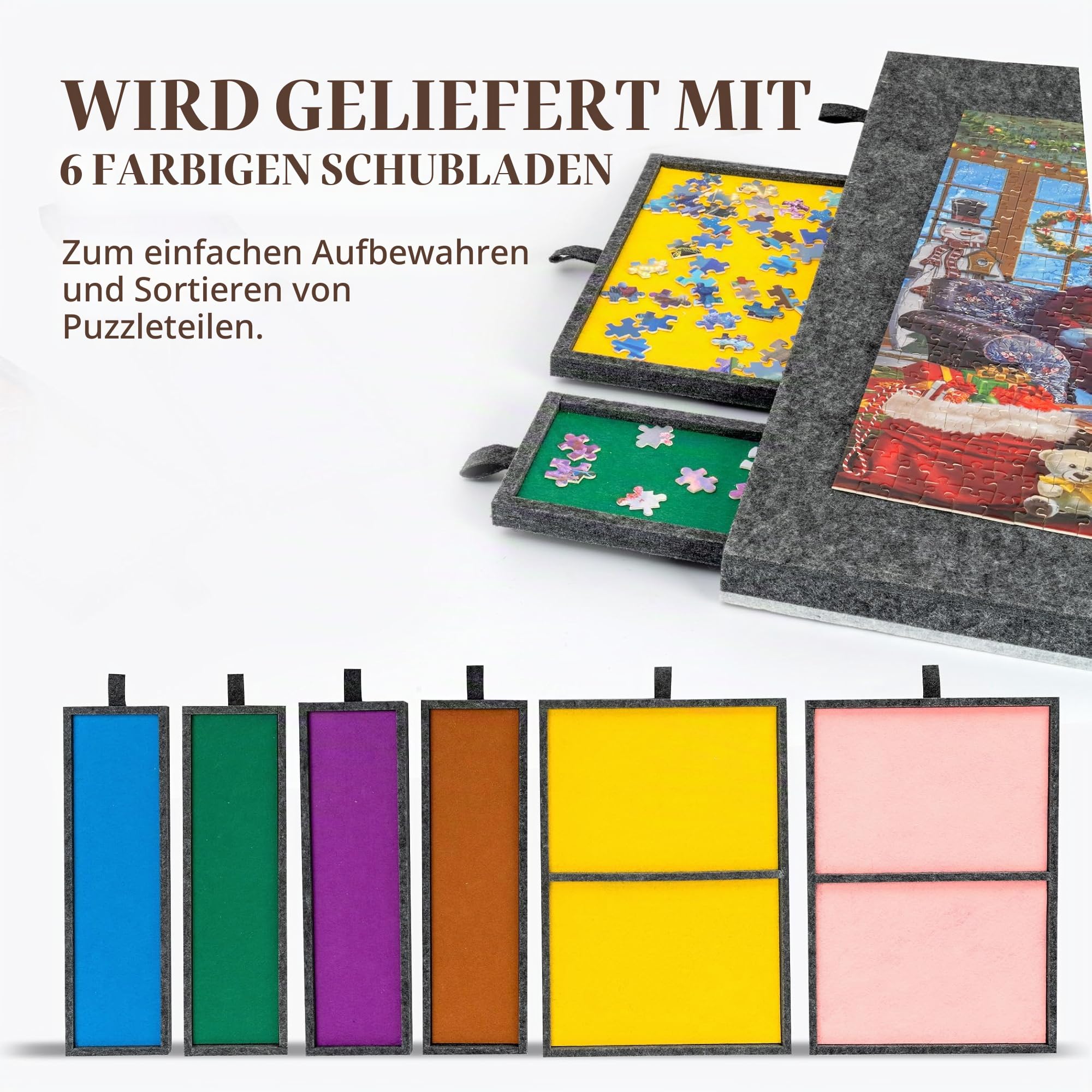 Lavievert Faltbares Puzzlebrett mit 6 Sortierfächern/Schubladen, Leichter tragbarer Puzzletisch mit Abdeckmatte, faltbares Filzpuzzlebrett zur Aufbewahrung von Puzzles, für bis zu 1500 Teile