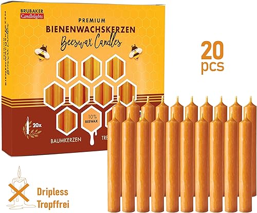 Miniatura 2 de BRUBAKER Velas de árbol de cera de abeja paquete de 20 unidades color miel 37 x 05in fabricadas en Europa pirámides carruseles y campanillas