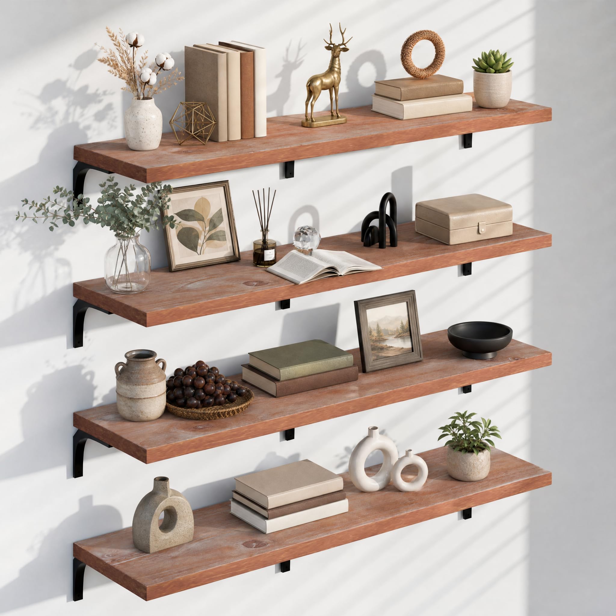 12 inch deep floating shelves set of 4, 60 inch extra long brown solid wood wall shelves, 5ft heavy duty farmhouse wall mounted shelving for kitchen, living room & bedroom