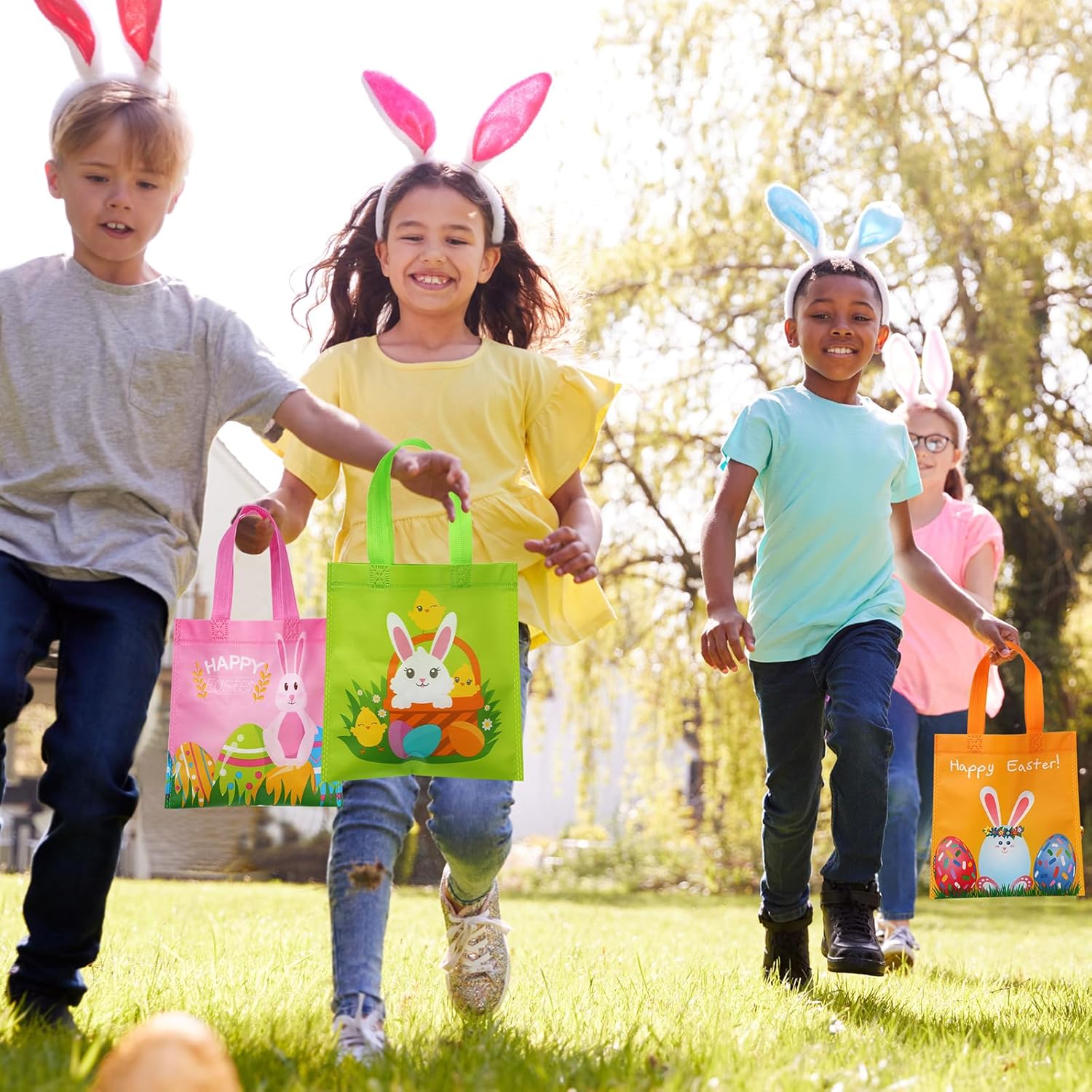 Sweetude 120 Pcs Easter Tote Bags Bulk with Handles Bunny Reusable Party Non Woven Treats Goodie Bags for Easter Party Supplies(Rabbit) - Image 4